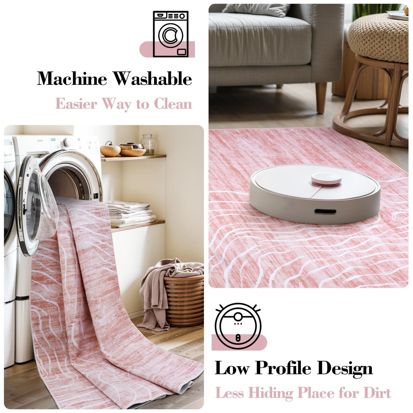 RUG ROBOT 5'x7' Abstract Area Rugs for Living Room, Soft Washable Pink Rugs for Girls Bedroom, Non-Slip Modern Wave Striped Large Accent Carpet for Dining Room Kitchen Nursery, Pink