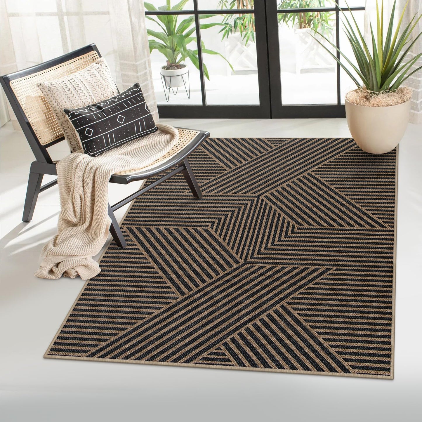 RUG ROBOT Modern Geometric Easy Jute Area Rug, Washable Indoor Rugs for Living Room Bedroom Entryway Rug Non Slip, Black Farmhouse Outdoor Carpet for Patio Courtyard Bedroom