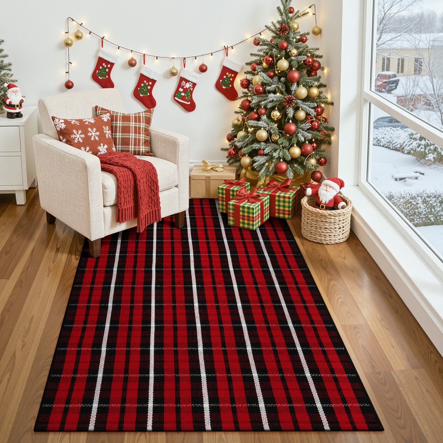 RUG ROBOT Christmas Buffalo Plaid Area Rugs for Entryway, Cotton Indoor Outdoor Front Door Mat,Washable Checkered Farmhouse Kitchen Red and Black Xmas decor Rugs