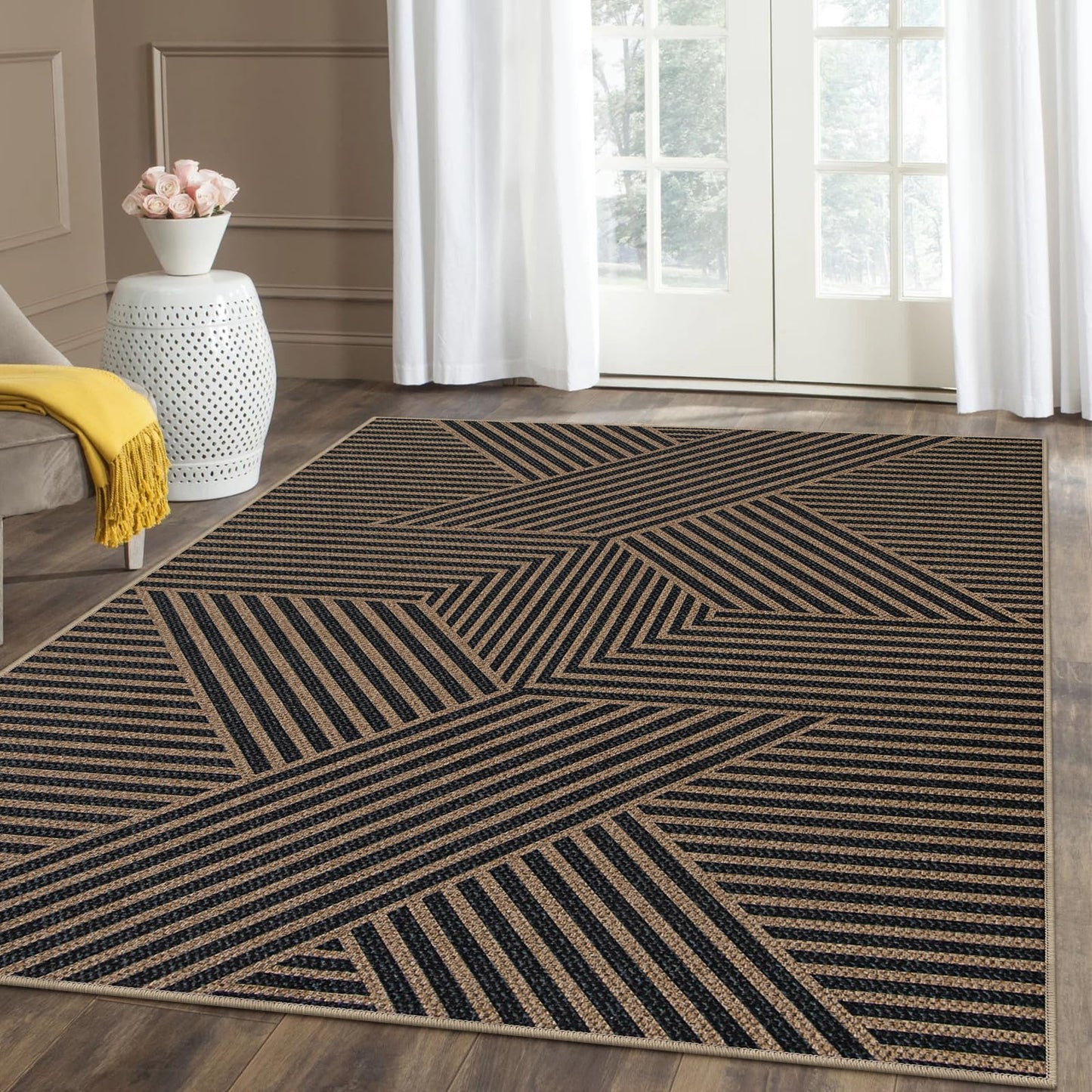 RUG ROBOT Modern Geometric Easy Jute Area Rug, Washable Indoor Rugs for Living Room Bedroom Entryway Rug Non Slip, Black Farmhouse Outdoor Carpet for Patio Courtyard Bedroom