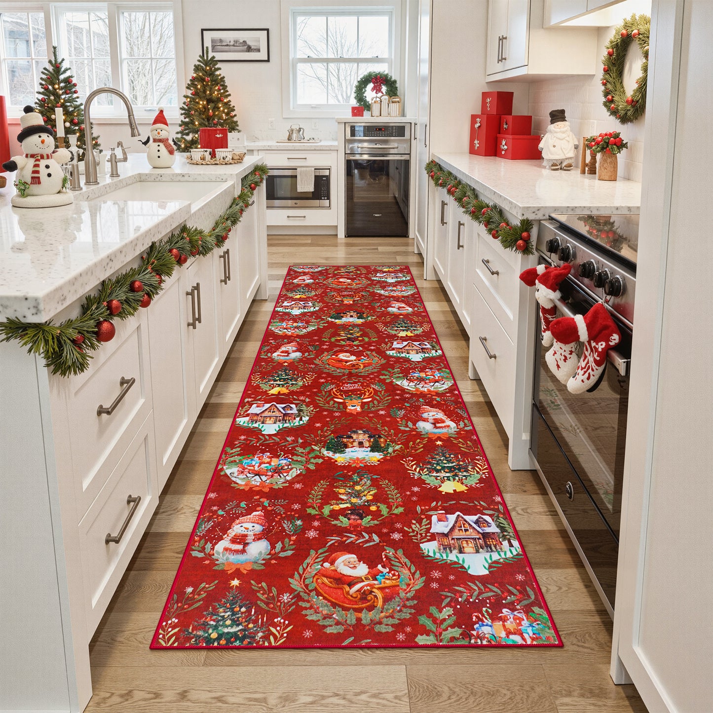 Lahome Decor Christmas Hallway Runner Rug,Kitchen Rug, Elk, Christmas Tree, Sleigh, House Pattern Non-Slip Washable Indoor Area Rug