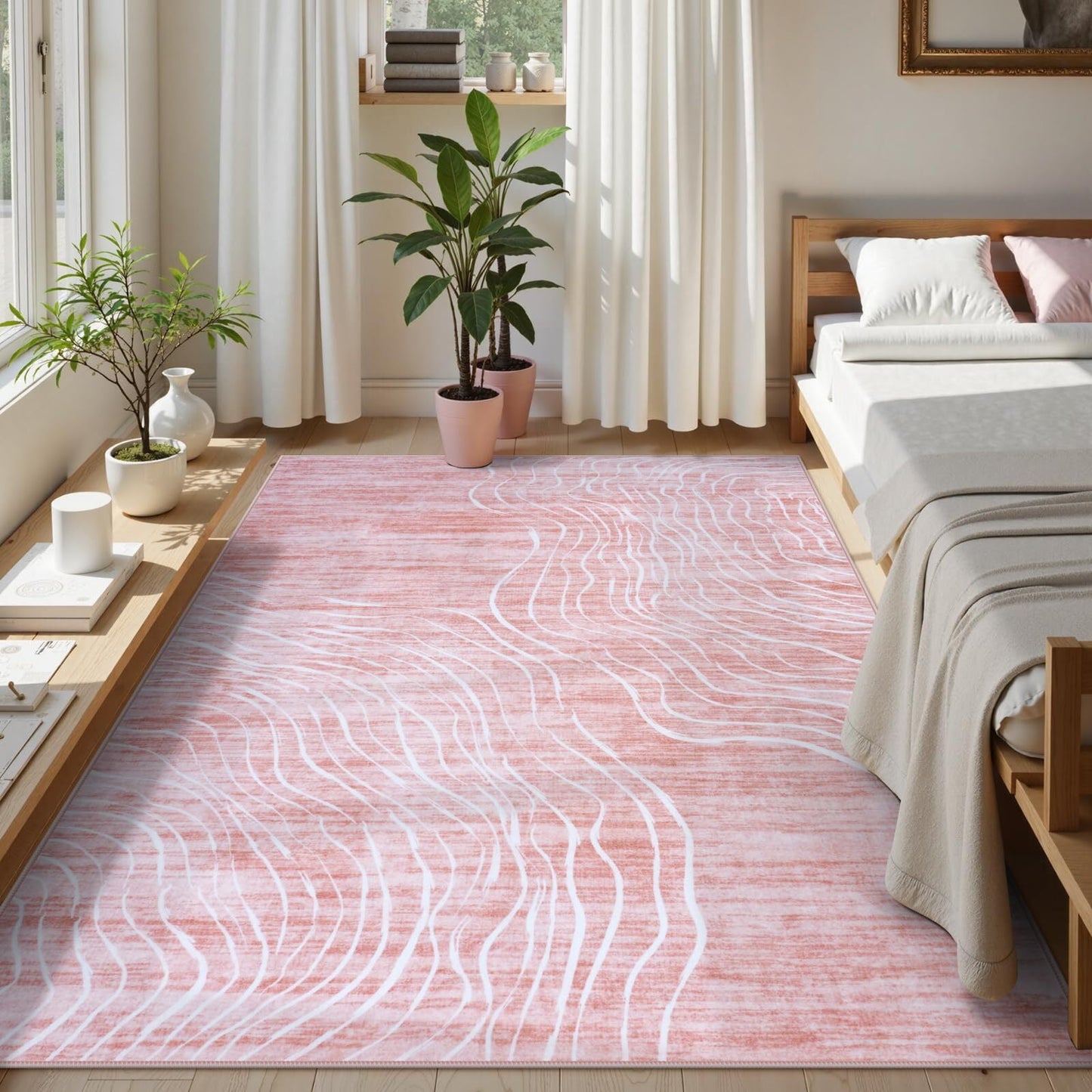 RUG ROBOT 5'x7' Abstract Area Rugs for Living Room, Soft Washable Pink Rugs for Girls Bedroom, Non-Slip Modern Wave Striped Large Accent Carpet for Dining Room Kitchen Nursery, Pink