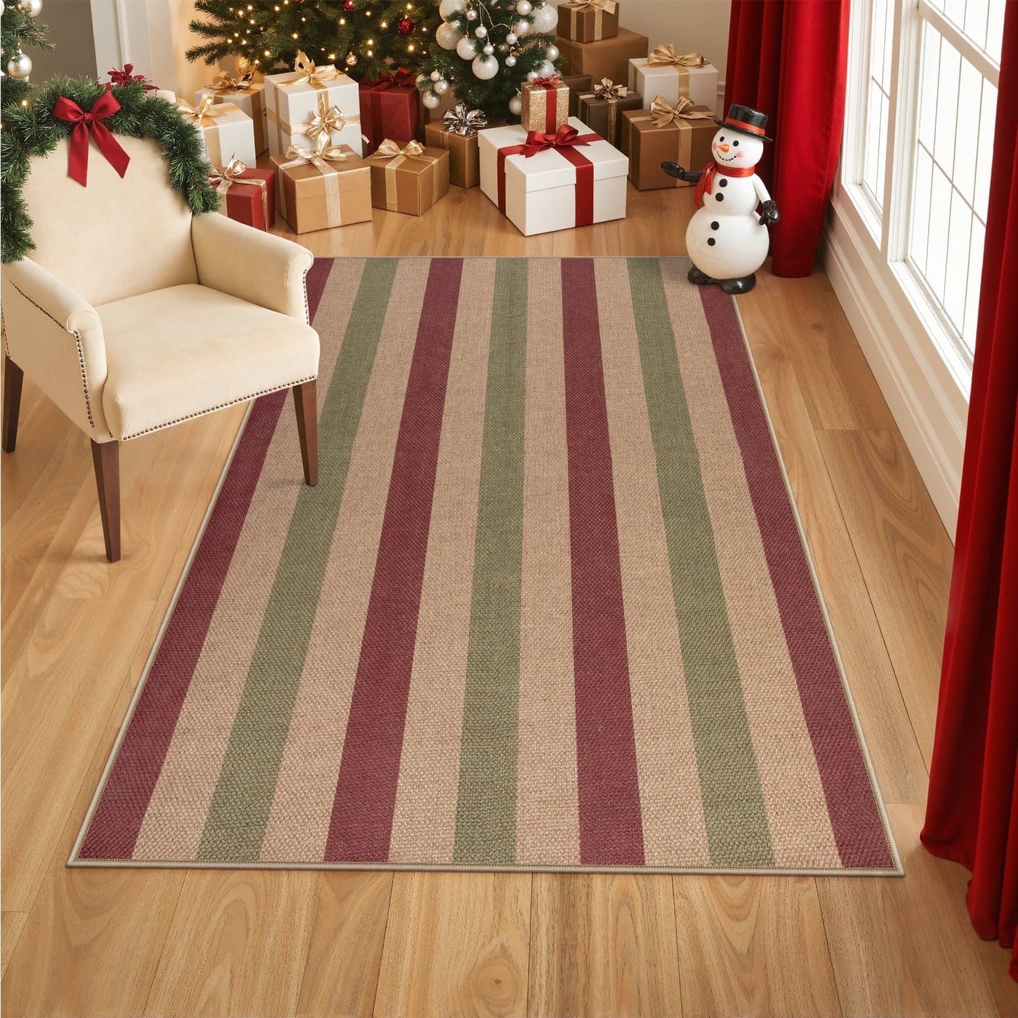 RUG ROBOT Christmas Runner Rugs for Hallway, Easy Jute Washable Holiday Rug Non-Slip, Traditional Striped Long Runner Carpet for Entryway Front Porch Floor Decor