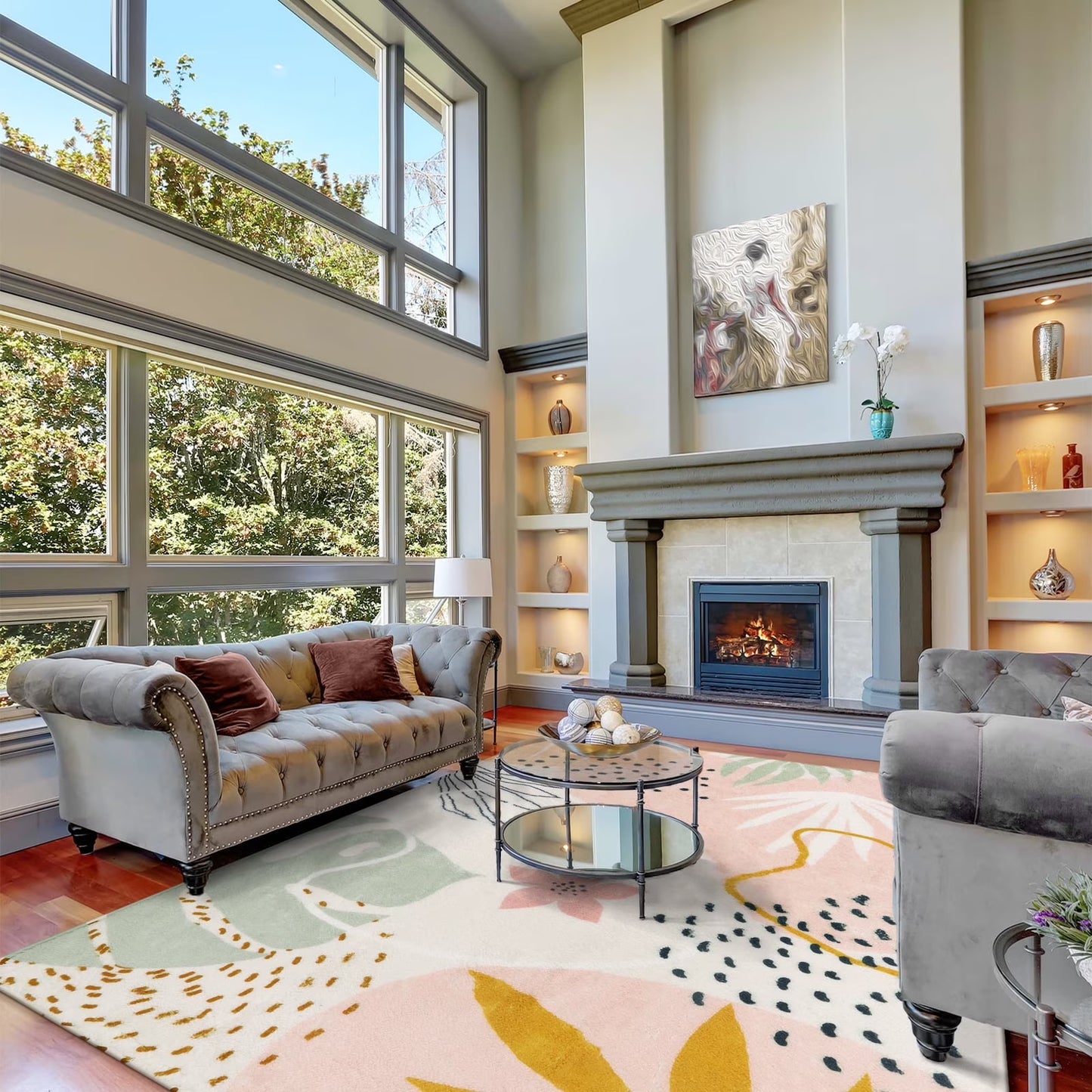 Moynesa Area Rugs for Living Room, Carpet for Bedroom Washable Non-Slip Boho Rug Throw Cute Soft Rug,Abstract Botanical Print Indoor Rugs for Kitchen Entryway Dining Room