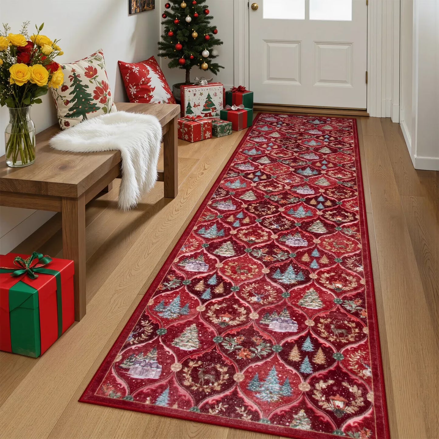 Moynesa Christmas Area Rug for Living Room, Large Rug Xmas Tree Modern Rug Kitchen Rug Washable Rug Non Slip Moroccan Carpet Holiday Decor Soft Accent Rug for Bedroom Dining Room