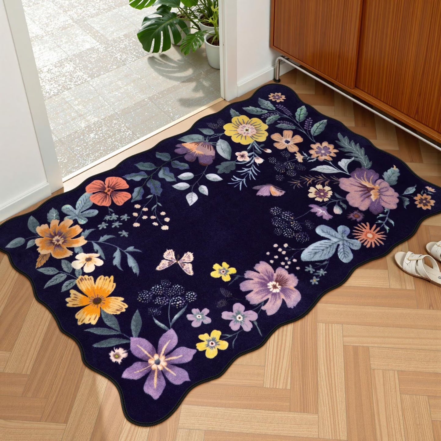 Moynesa Floral Washable Area Rugs, Soft Bedroom Large Rug for Living Room Ultra-Thin Non Slip Dining Room Rug, Stain Resistant Boho Rugs Easy Clean Throw Carpet for Office