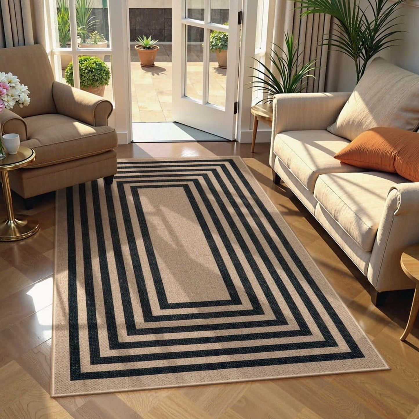 RUG ROBOT Modern Geometric Easy Jute Outdoor Rug, Black Washable Kitchen Rugs for Bedroom Thin Non Slip Indoor Door Mat, Non Slip Farmhouse Carpet for Office Patio