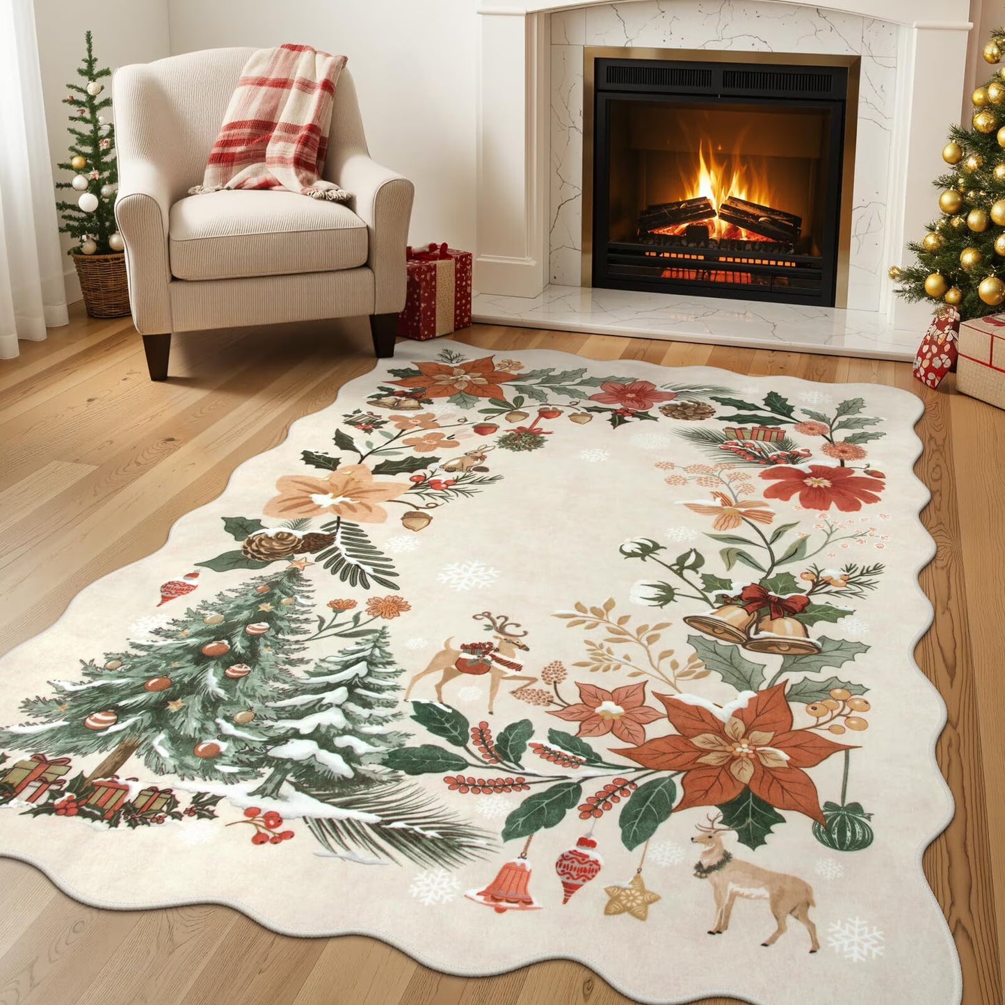 Moynesa Christmas Area Rug, Washable Area Rugs for Bedroom Entryway Xmas Throw Rug Christmas Tree Floral Decorative Boho Rug