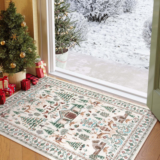 Moynesa Christmas Rug, Washable Non-Slip Area Rug, Soft Vintage Holiday Rug for Living Room, Dining Room, Bedroom Xmas Accent Carpet Indoor Christmas Decor