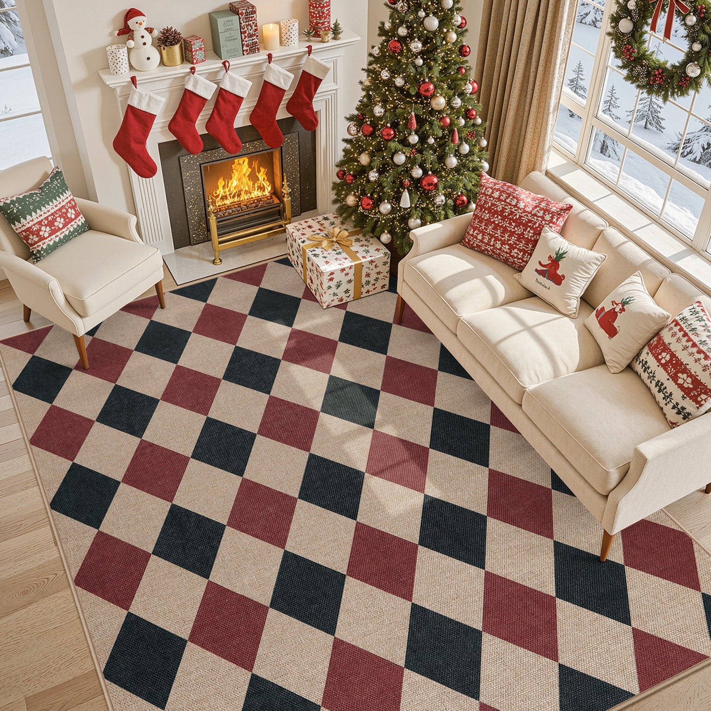 SUNDEREY Modern Geometric Area Rug, Washable Bedroom Rug,Checkerboard Indoor Outdoor Carpet, Farmhouse Checkered Non Slip Carpet for Office Couch Entrance Kitchen