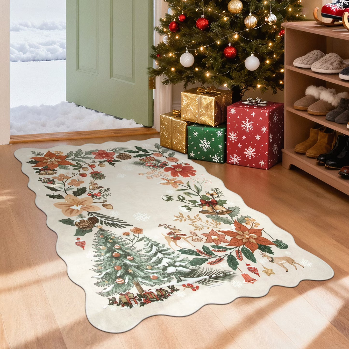 Moynesa Christmas Area Rug, Washable Area Rugs for Bedroom Entryway Xmas Throw Rug Christmas Tree Floral Decorative Boho Rug