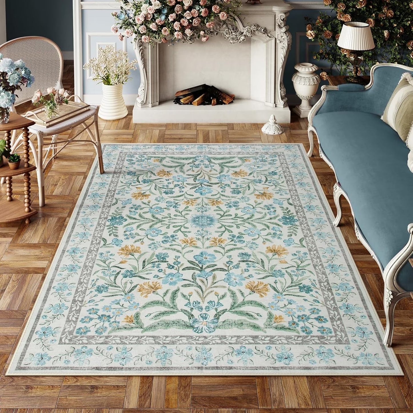 Moynesa Boho Green Area Rugs Living Room, Washable Floral Large Area Rugs for Bedroom, Soft Non-Slip Thin Rug for Nursery Kids Playroom Home