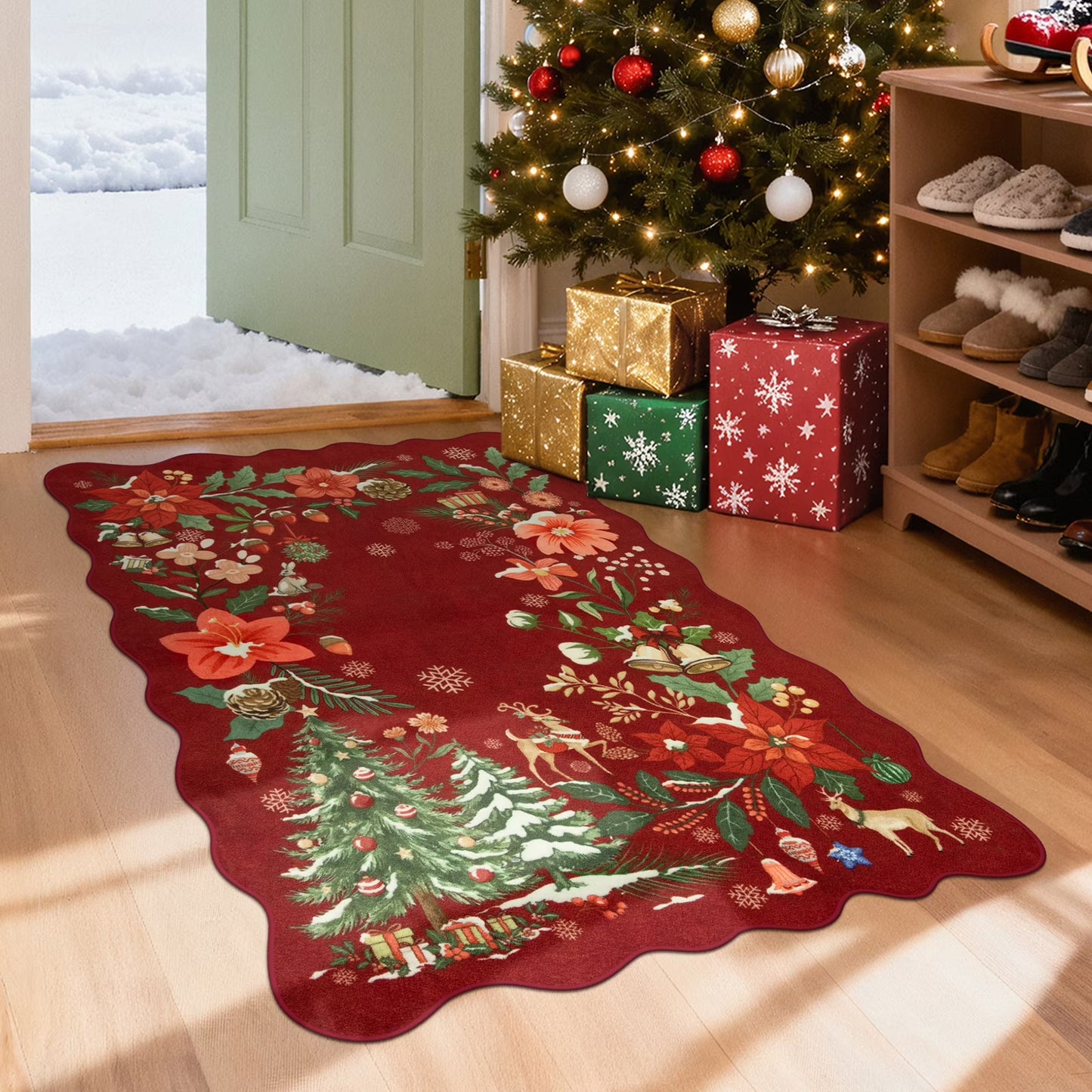 Moynesa Christmas Area Rug, Washable Area Rugs for Bedroom Entryway Xmas Throw Rug Christmas Tree Floral Decorative Boho Rug