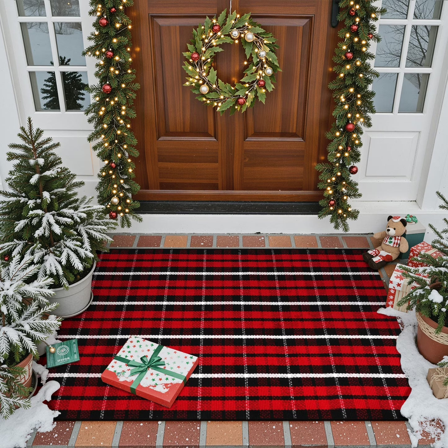 RUG ROBOT Christmas Buffalo Plaid Area Rugs for Entryway, Cotton Indoor Outdoor Front Door Mat,Washable Checkered Farmhouse Kitchen Red and Black Xmas decor Rugs
