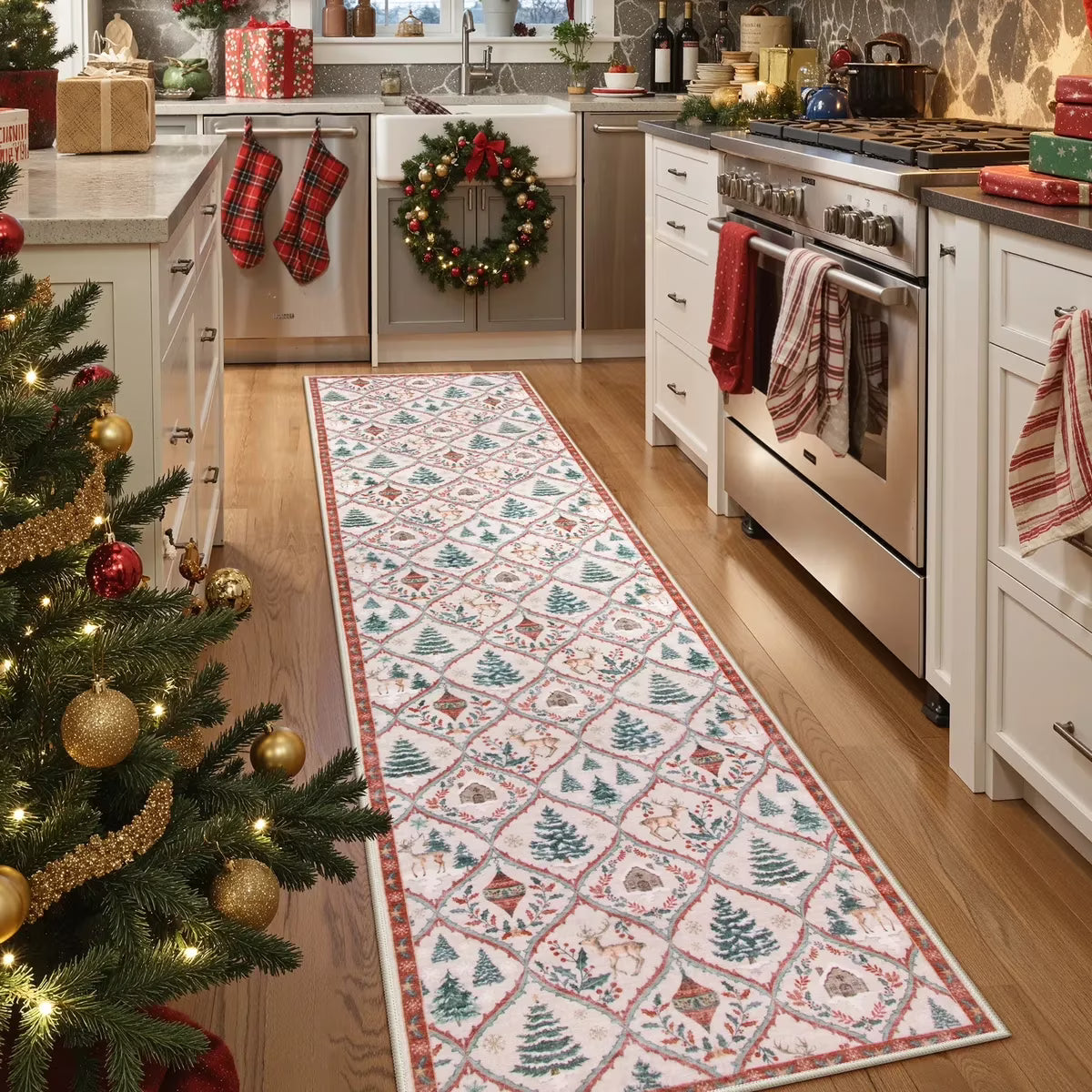 Moynesa Christmas Runner Rugs for Hallway, Washable Kitchen Rug Carpet Runner,Non-Slip Low Pile Soft Winter Moroccan Holiday Xmas Decor Modern Mat for Entrance Bedroom Laundry