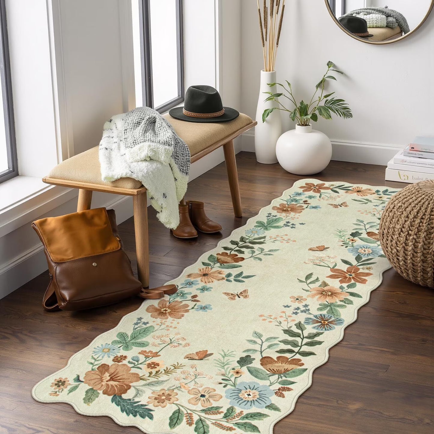 Moynesa Floral Washable Area Rugs, Soft Bedroom Large Rug for Living Room Ultra-Thin Non Slip Dining Room Rug, Stain Resistant Boho Rugs Easy Clean Throw Carpet for Office