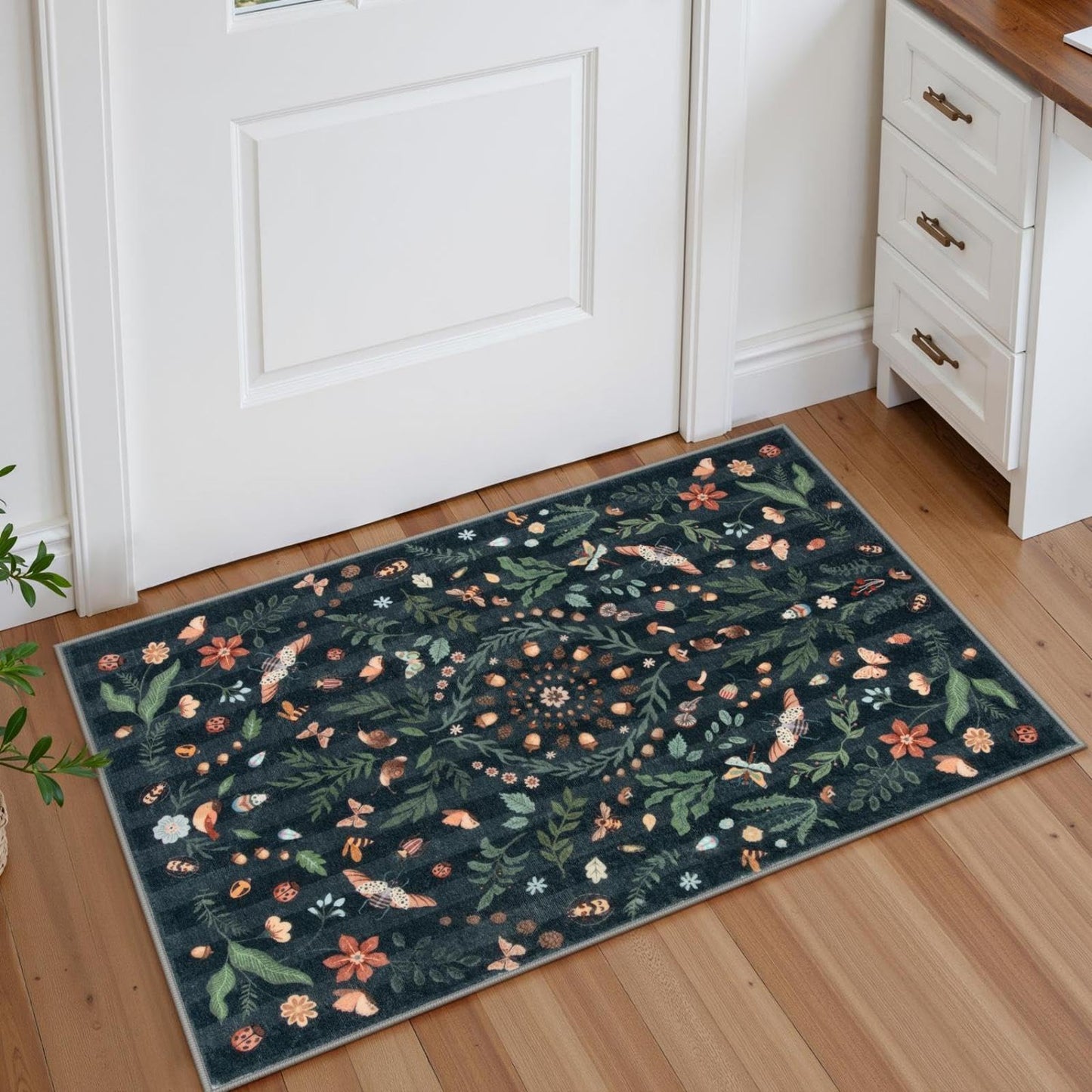 Lahome Decor Insect Botanical Washable Rugs for Bedroom, Soft Rug for Entryway, Kitchen Rugs Non Slip Washable, Boho Floral Indoor Throw Carpet for Bathroom Laundry Living Room Walmart Walmart 2'x3' Black