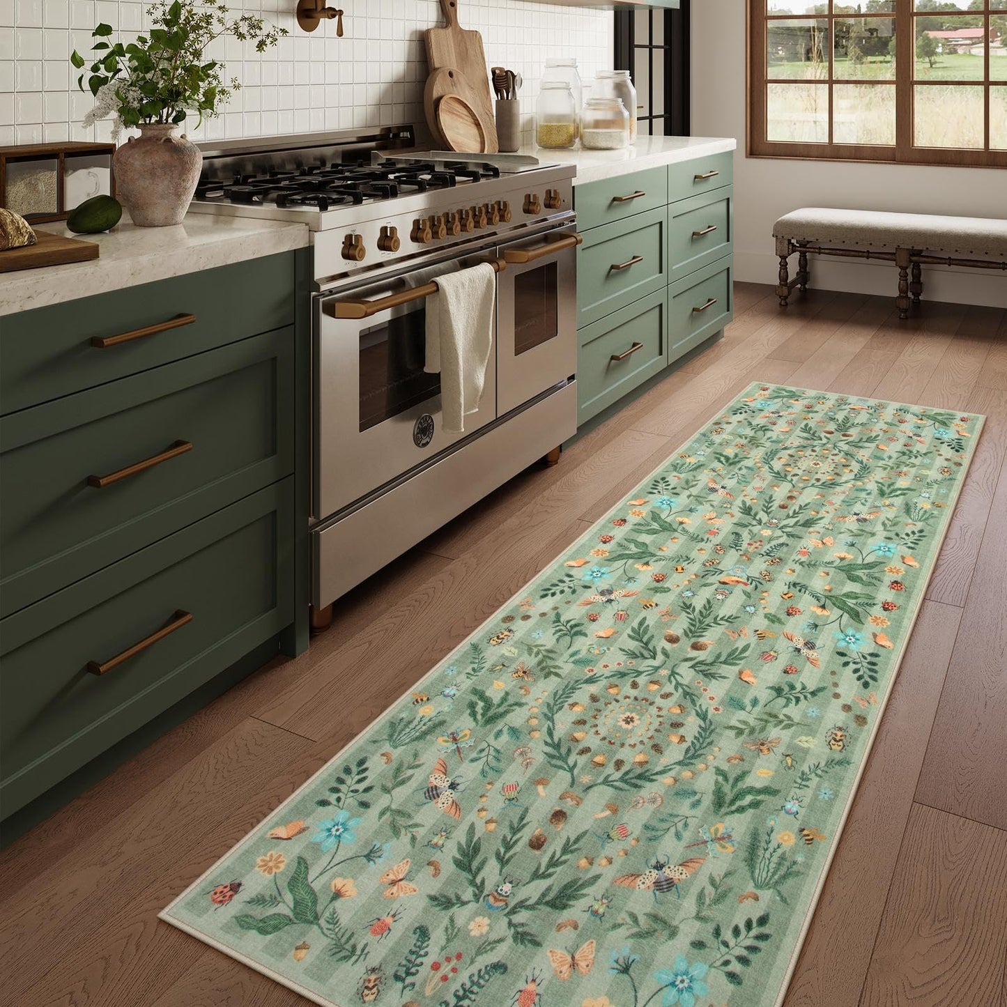 Lahome Decor Insect Botanical Washable Rugs for Bedroom, Soft Rug for Entryway, Kitchen Rugs Non Slip Washable, Boho Floral Indoor Throw Carpet for Bathroom Laundry Living Room Walmart Walmart 2'x6' Green