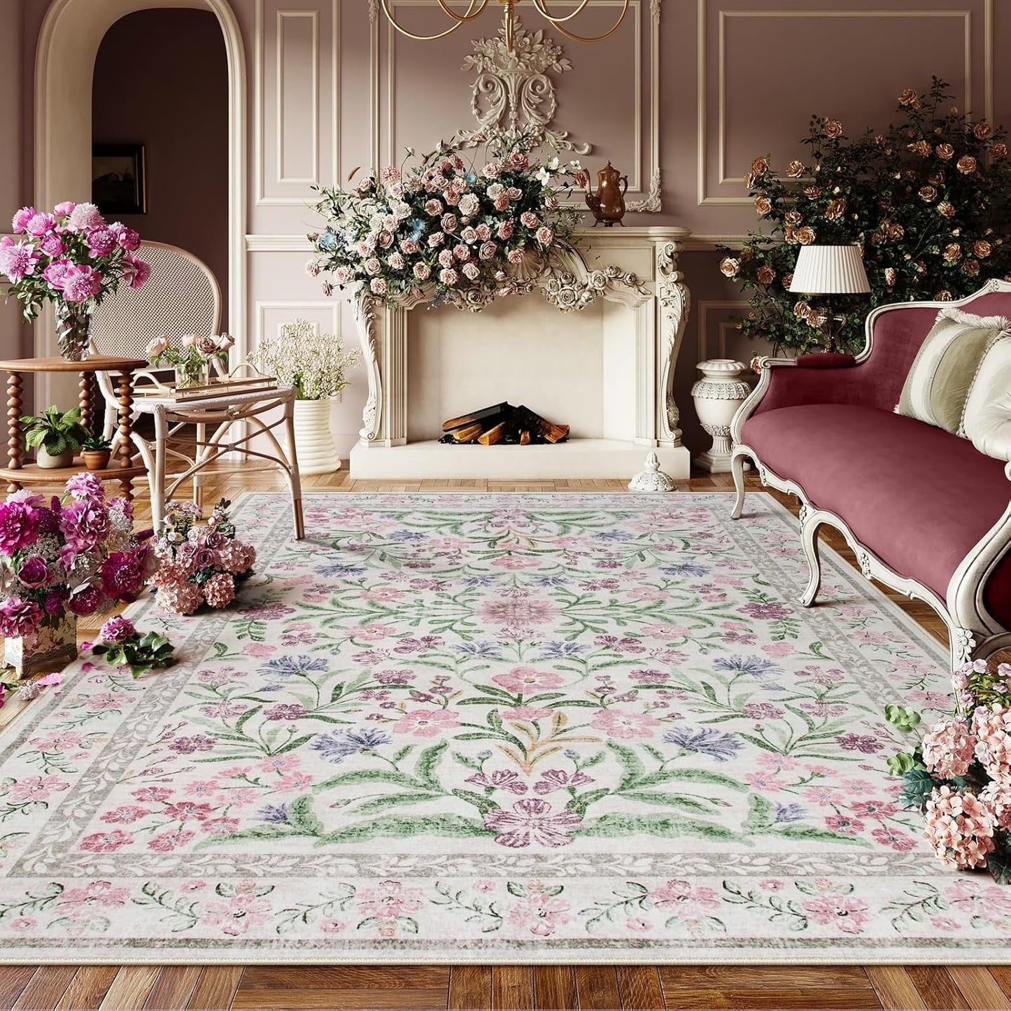 Moynesa Boho Green Area Rugs Living Room, Washable Floral Large Area Rugs for Bedroom, Soft Non-Slip Thin Rug for Nursery Kids Playroom Home