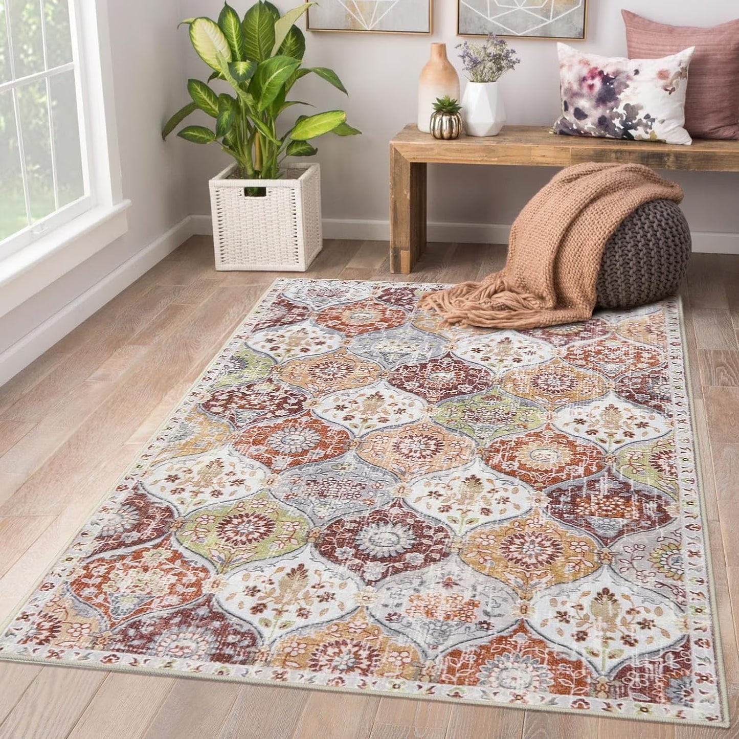Moynesa Area Rug for Living Room Indoor Non-Slip Moroccan Trellis Washable Mat Large Oriental Accent Throw Rug for Kitchen Entryway Bathroom Bedroom Office Carpet