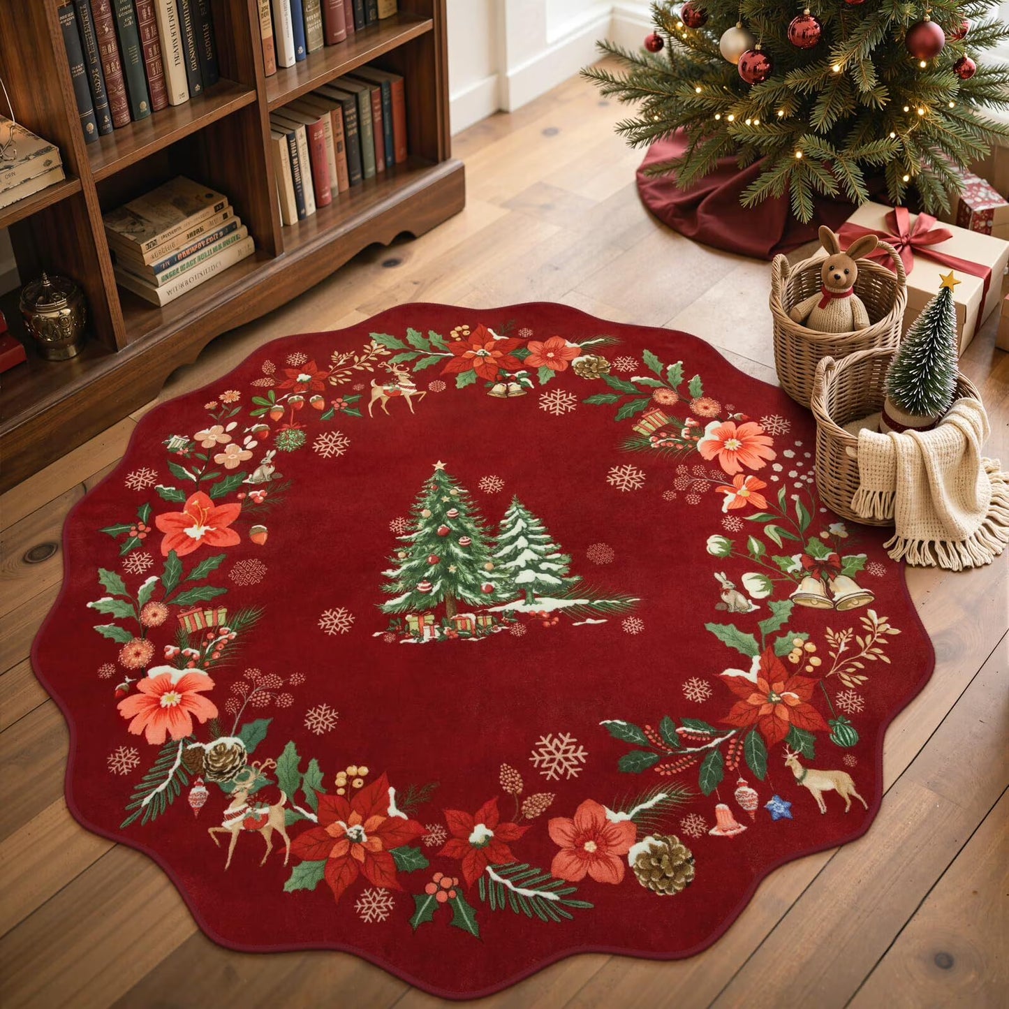 Moynesa Christmas Area Rug, Washable Area Rugs for Bedroom Entryway Xmas Throw Rug Christmas Tree Floral Decorative Boho Rug