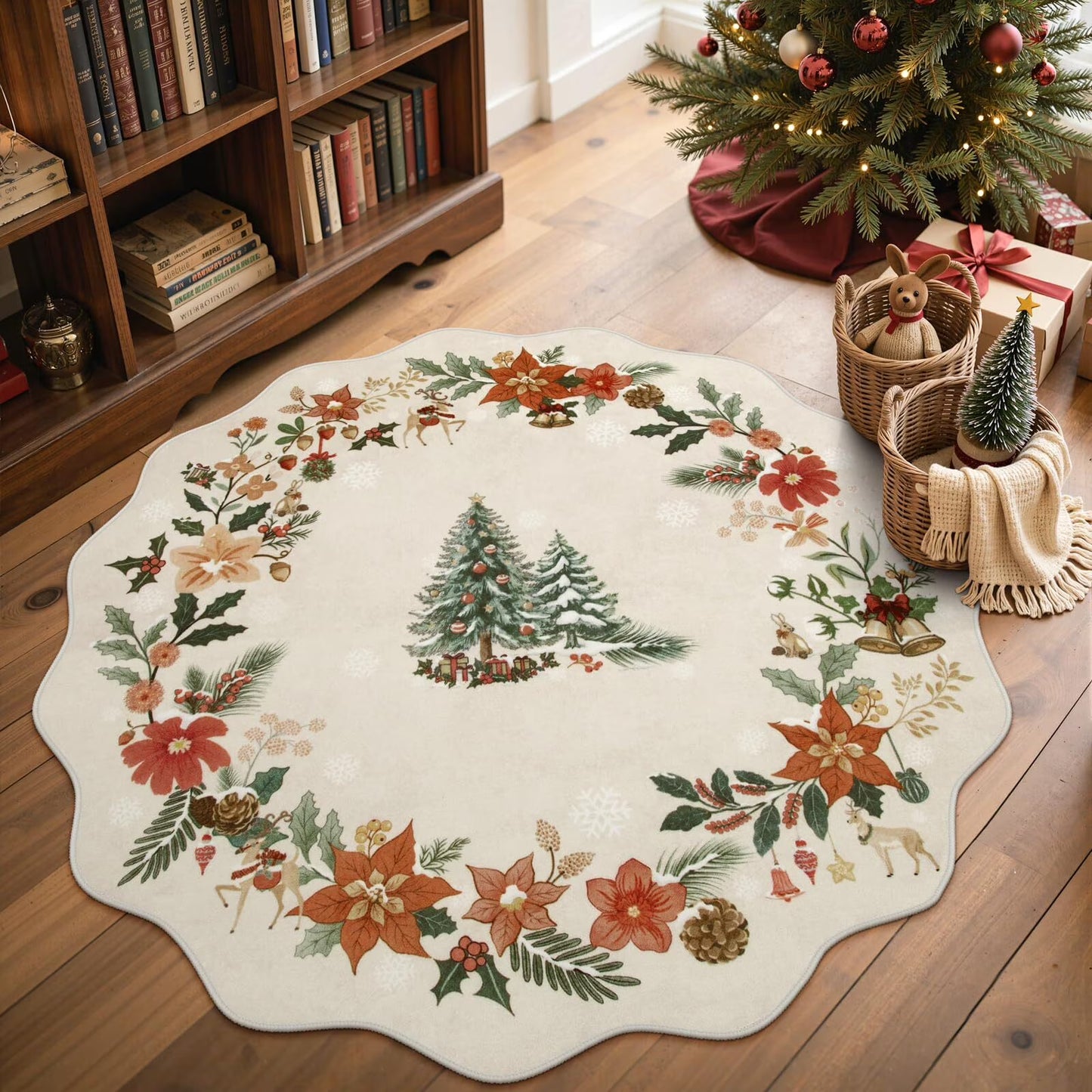 Moynesa Christmas Area Rug, Washable Area Rugs for Bedroom Entryway Xmas Throw Rug Christmas Tree Floral Decorative Boho Rug