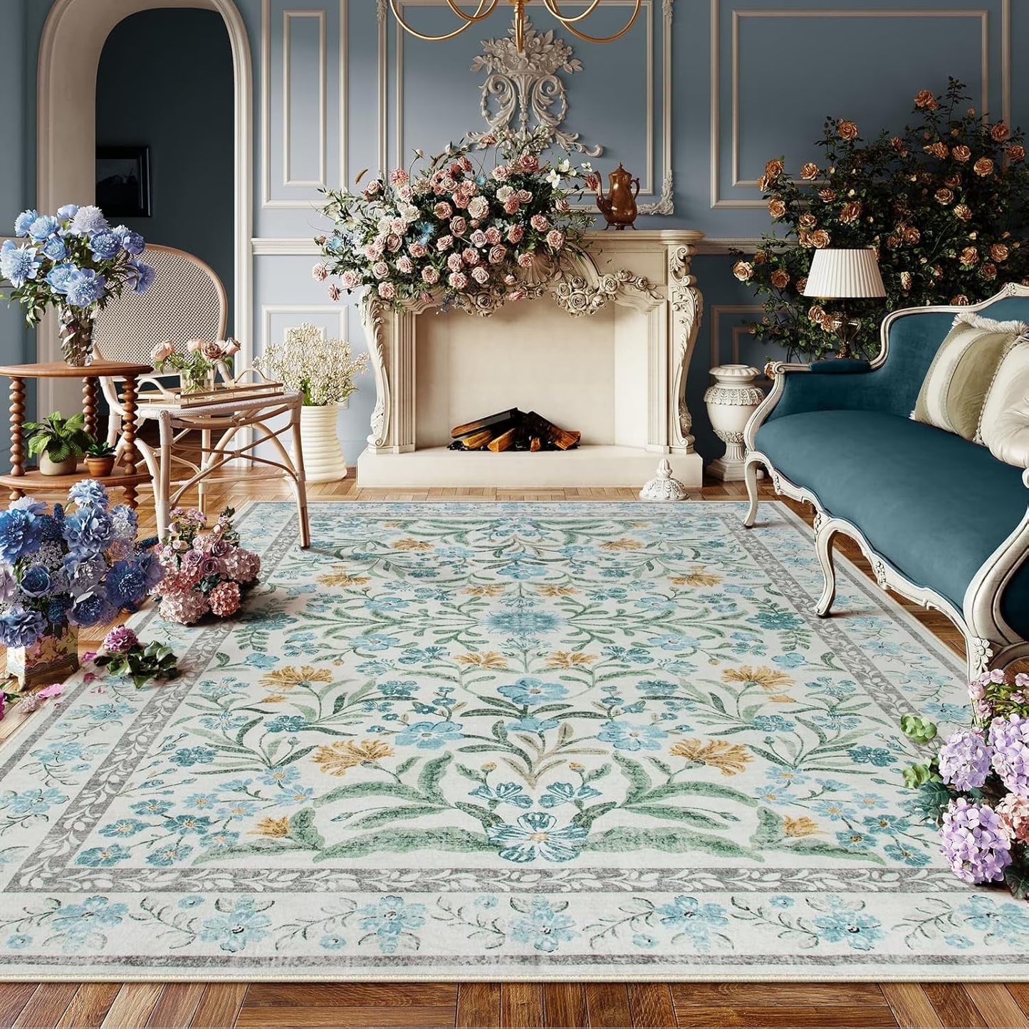 Moynesa Boho Green Area Rugs Living Room, Washable Floral Large Area Rugs for Bedroom, Soft Non-Slip Thin Rug for Nursery Kids Playroom Home