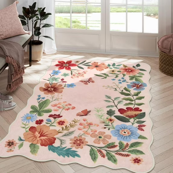 Moynesa Floral Washable Area Rugs, Soft Bedroom Large Rug for Living Room Ultra-Thin Non Slip Dining Room Rug, Stain Resistant Boho Rugs Easy Clean Throw Carpet for Office