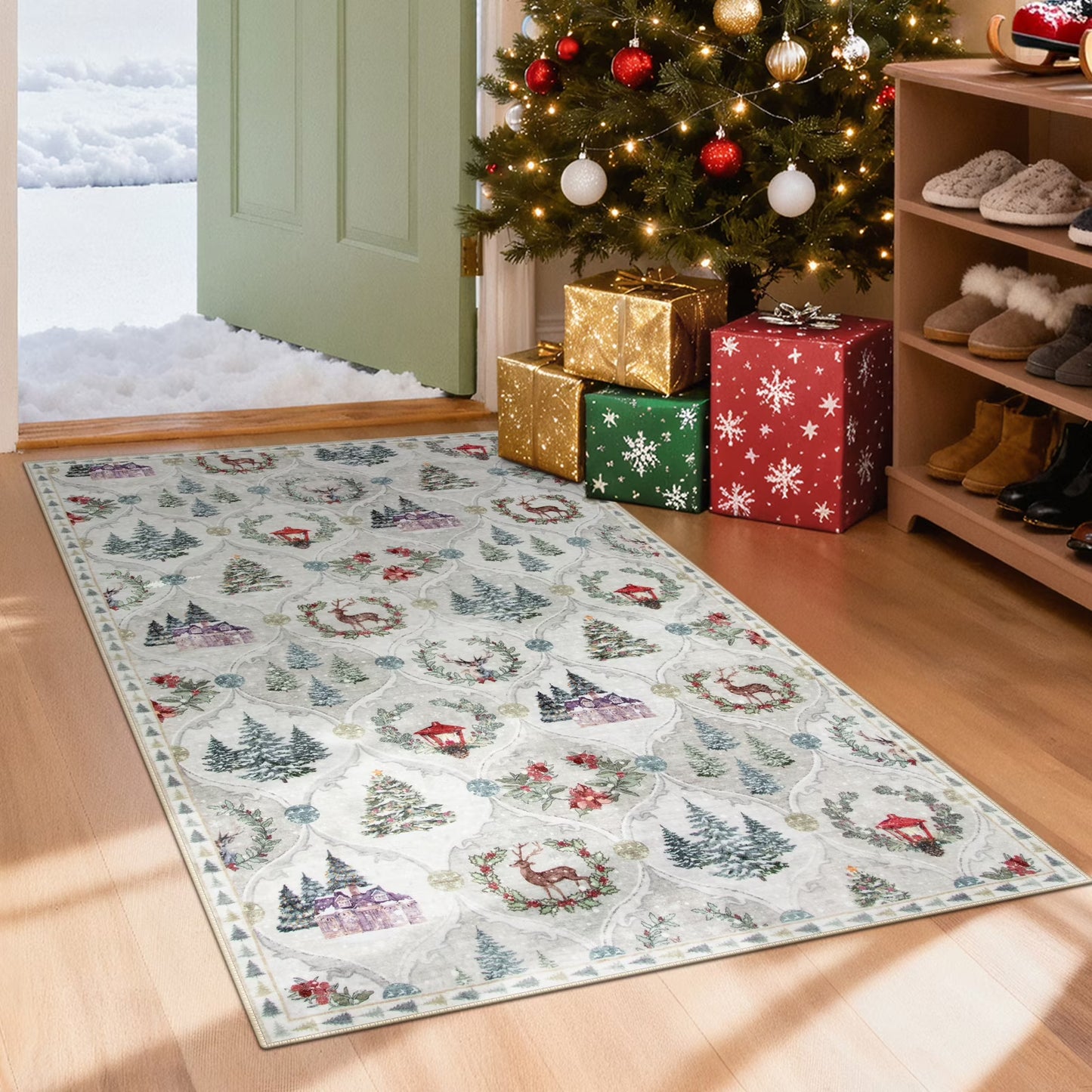 Moynesa Christmas Area Rug for Living Room, Large Rug Xmas Tree Modern Rug Kitchen Rug Washable Rug Non Slip Moroccan Carpet Holiday Decor Soft Accent Rug for Bedroom Dining Room