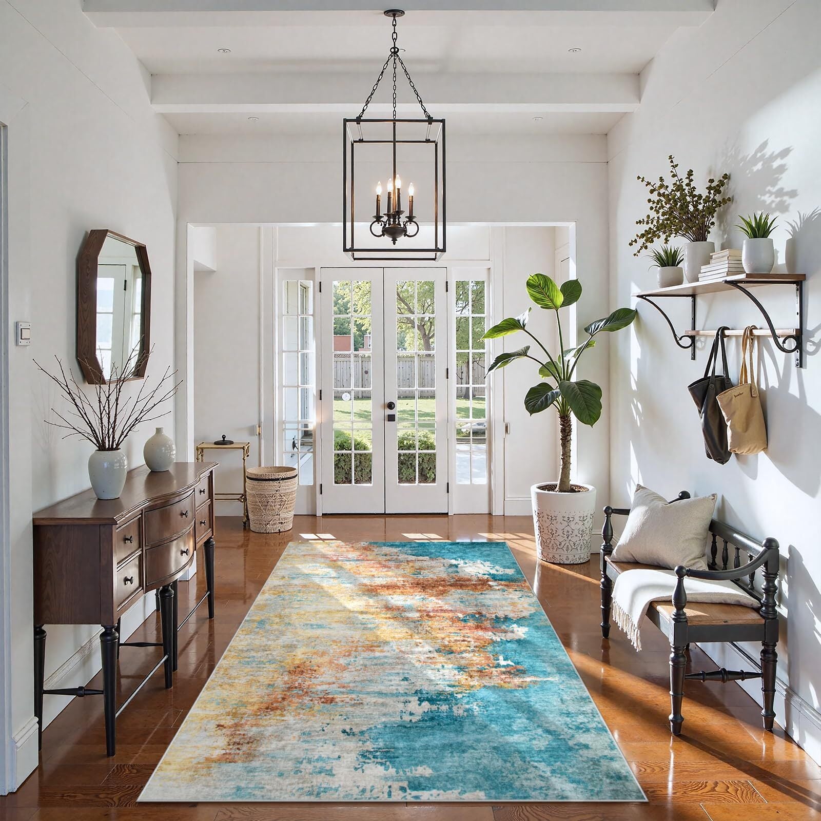 RUG ROBOT Abstract Living Room Rug 4'x6', Soft Modern Washable Area Rugs for Bedroom Non Slip, Ultra Thin Foldable Low Pile Carpet for Dining Room Kitchen Bathroom Office, Yellow/Blue