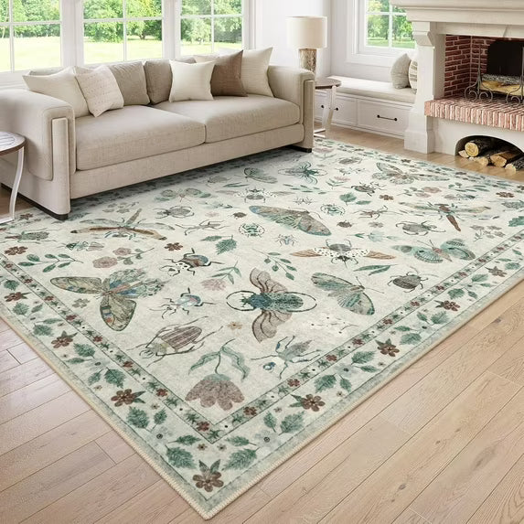 Moynesa Insect Print Washable Area Rugs, Soft Rugs for Living Room Ultra-Thin Non-Shedding Modern Bedroom Rug, Stain Resistant Throw Rug Large Carpet for Dining Room