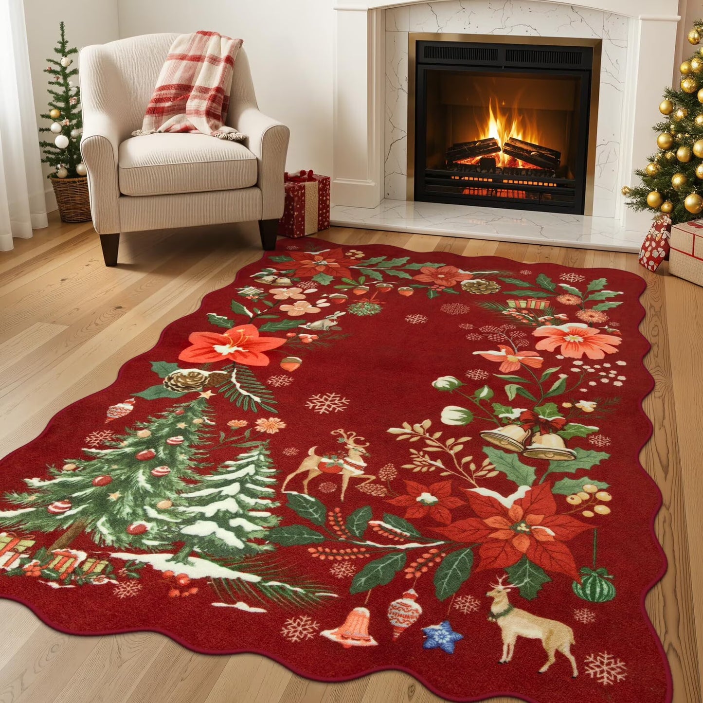 Moynesa Christmas Area Rug, Washable Area Rugs for Bedroom Entryway Xmas Throw Rug Christmas Tree Floral Decorative Boho Rug