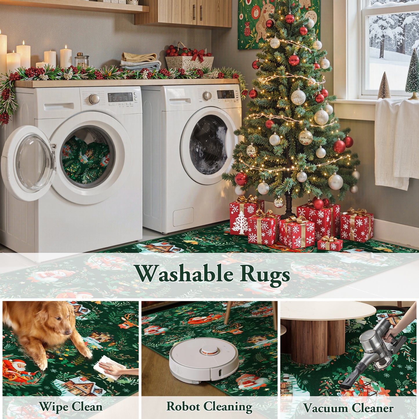 Lahome Decor Christmas Hallway Runner Rug,Kitchen Rug, Elk, Christmas Tree, Sleigh, House Pattern Non-Slip Washable Indoor Area Rug