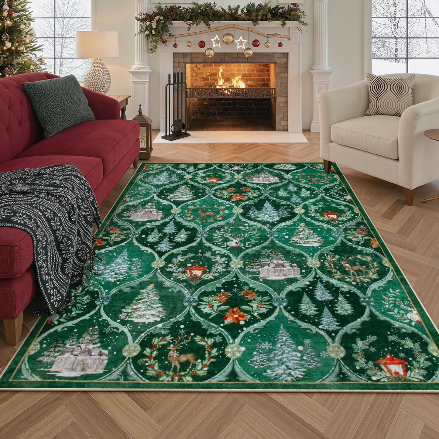 Moynesa Christmas Area Rug for Living Room, Large Rug Xmas Tree Modern Rug Kitchen Rug Washable Rug Non Slip Moroccan Carpet Holiday Decor Soft Accent Rug for Bedroom Dining Room