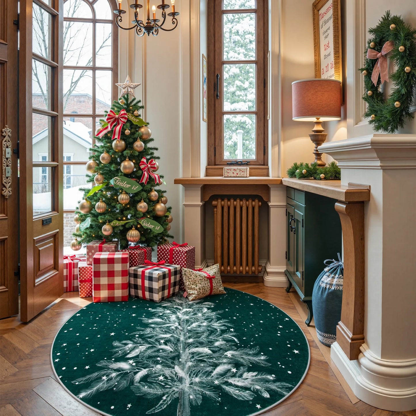 Lahome Christmas Round Rug Area Rug Red Christmas Tree Rug Washable Rug Indoor Carpet Decorative Circle Rug Round Non Slip Soft Rug Holiday Decor for Kitchen Bedroom Nursery