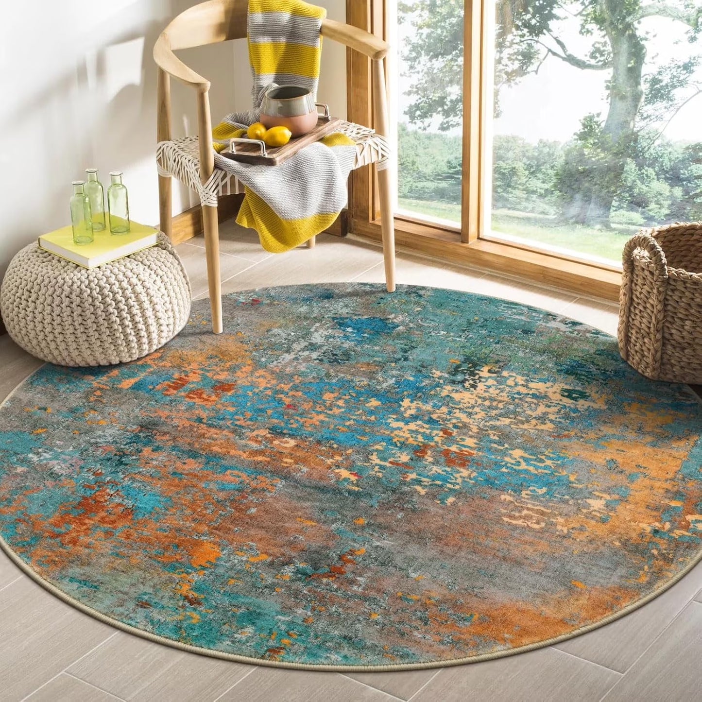 Moynesa Modern Abstract Round Rug,Gray Kitchen Rugs Soft Bedroom Circle Rugs Washable Living Room Mat, Contemporary Large Indoor Office Carpet for Mudroom Kitchen Apartment Basement