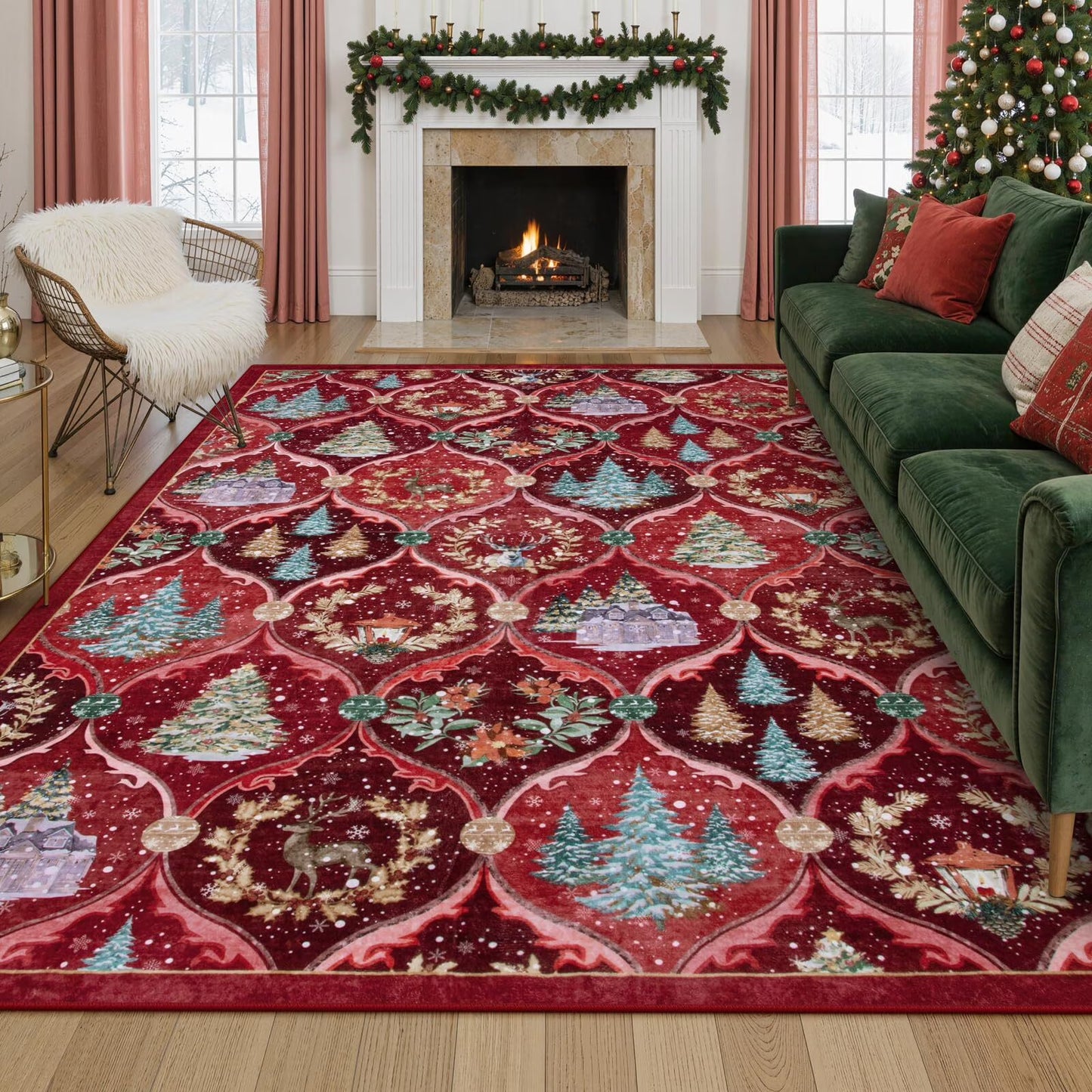 Moynesa Christmas Area Rug for Living Room, Large Rug Xmas Tree Modern Rug Kitchen Rug Washable Rug Non Slip Moroccan Carpet Holiday Decor Soft Accent Rug for Bedroom Dining Room