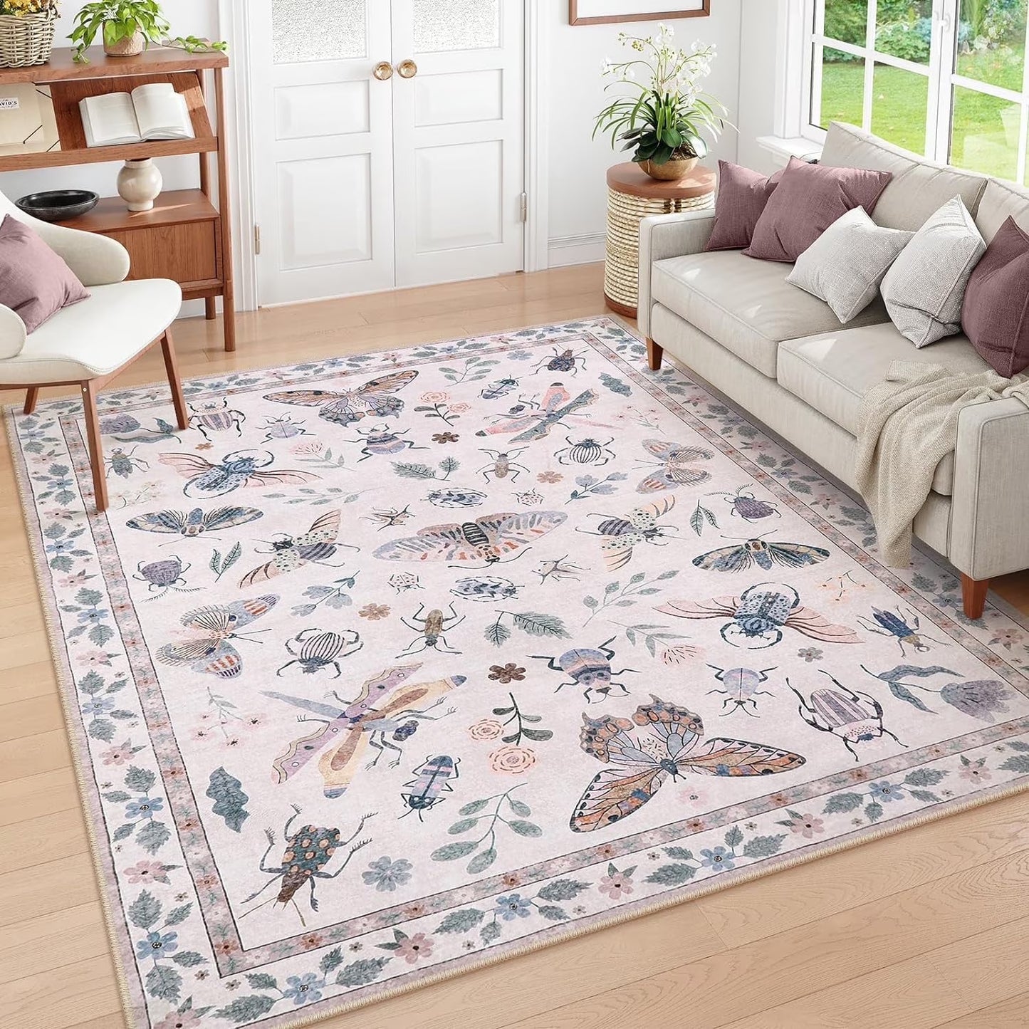 Moynesa Insect Print Washable Area Rugs, Soft Rugs for Living Room Ultra-Thin Non-Shedding Modern Bedroom Rug, Stain Resistant Throw Rug Large Carpet for Dining Room