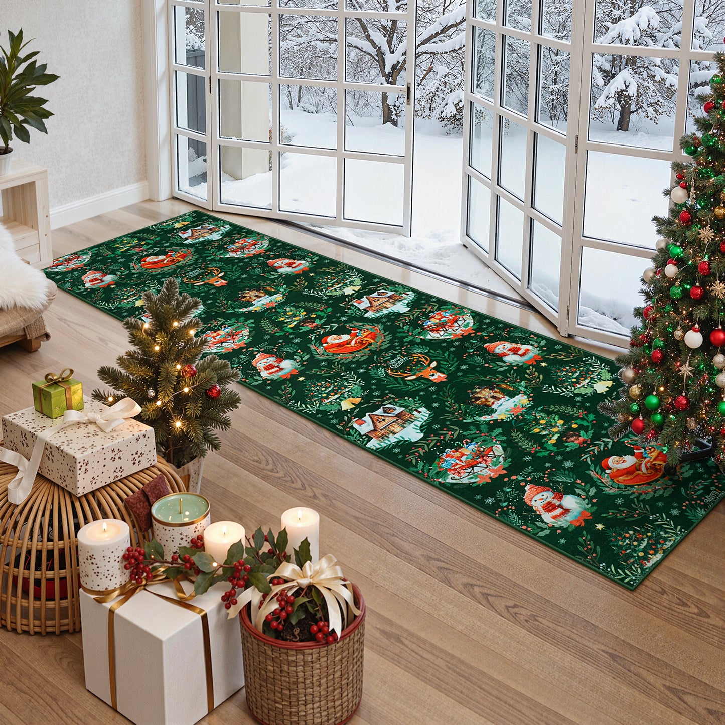 Lahome Decor Christmas Hallway Runner Rug,Kitchen Rug, Elk, Christmas Tree, Sleigh, House Pattern Non-Slip Washable Indoor Area Rug