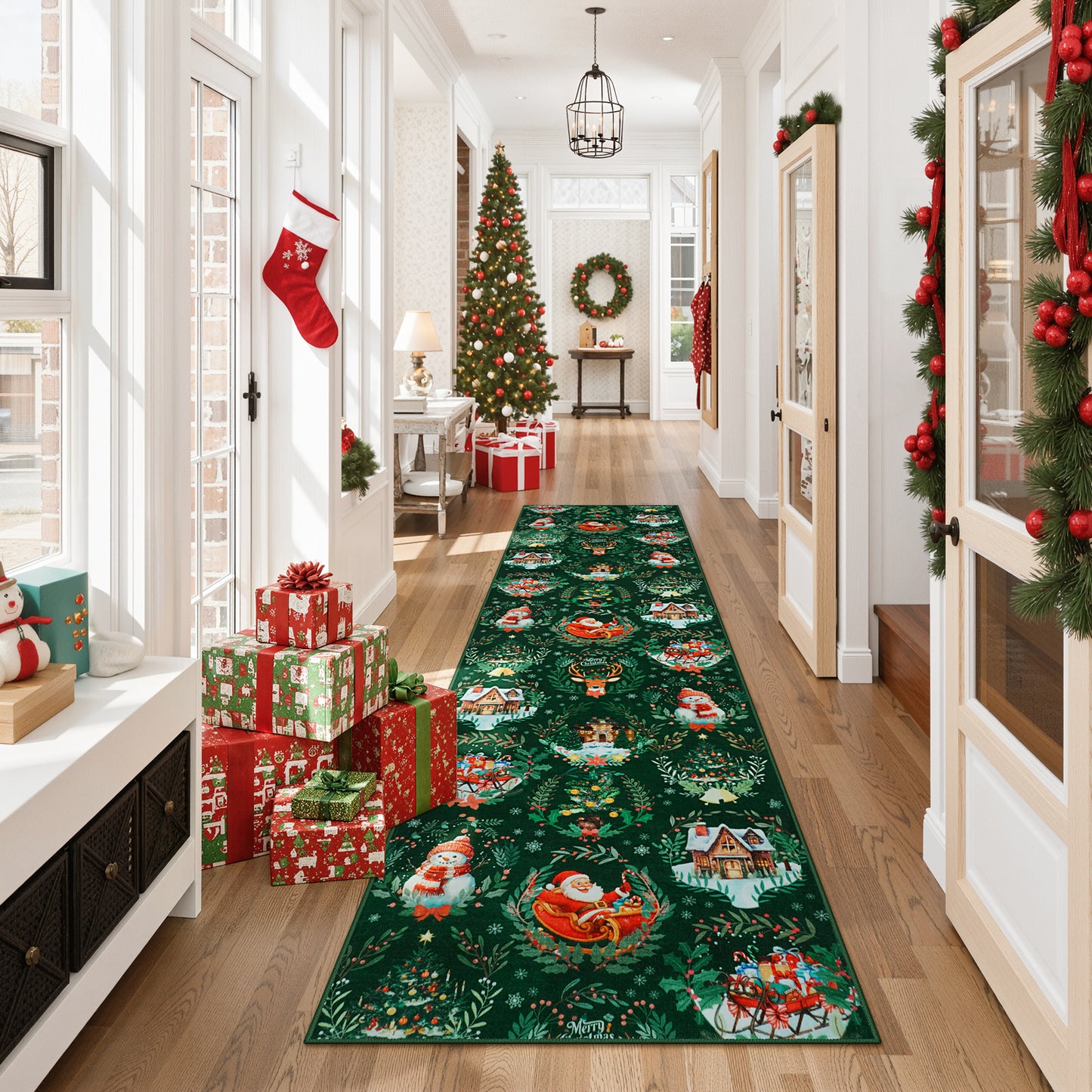 Lahome Decor Christmas Hallway Runner Rug,Kitchen Rug, Elk, Christmas Tree, Sleigh, House Pattern Non-Slip Washable Indoor Area Rug