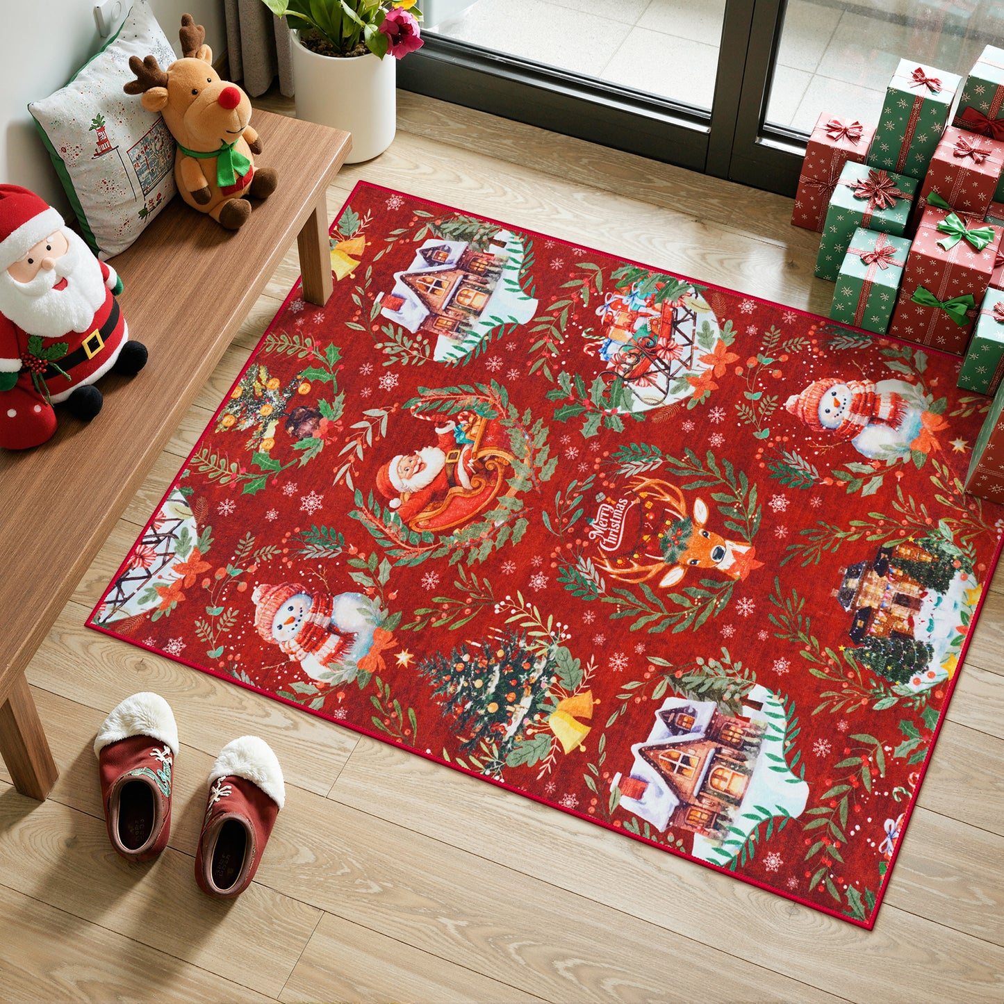 Lahome Decor Christmas Hallway Runner Rug,Kitchen Rug, Elk, Christmas Tree, Sleigh, House Pattern Non-Slip Washable Indoor Area Rug