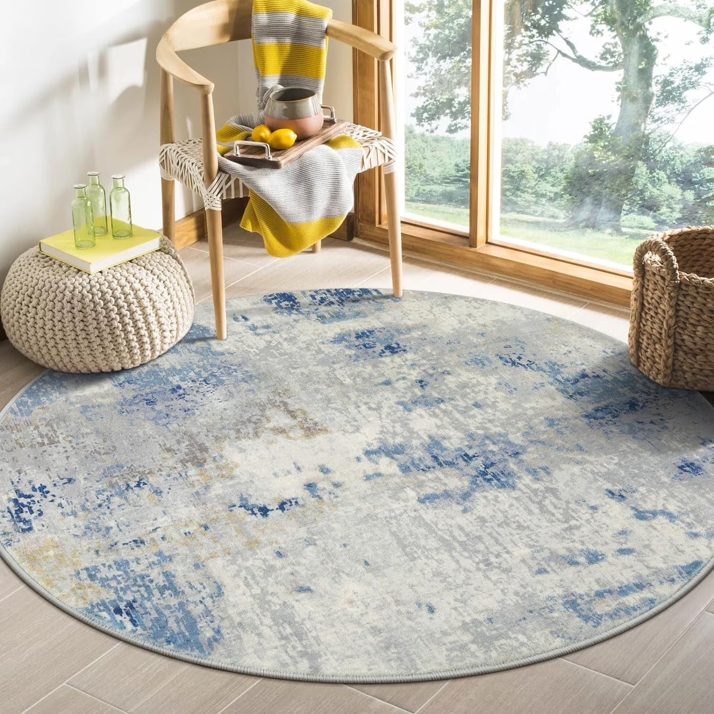 Moynesa Modern Abstract Round Rug,Gray Kitchen Rugs Soft Bedroom Circle Rugs Washable Living Room Mat, Contemporary Large Indoor Office Carpet for Mudroom Kitchen Apartment Basement