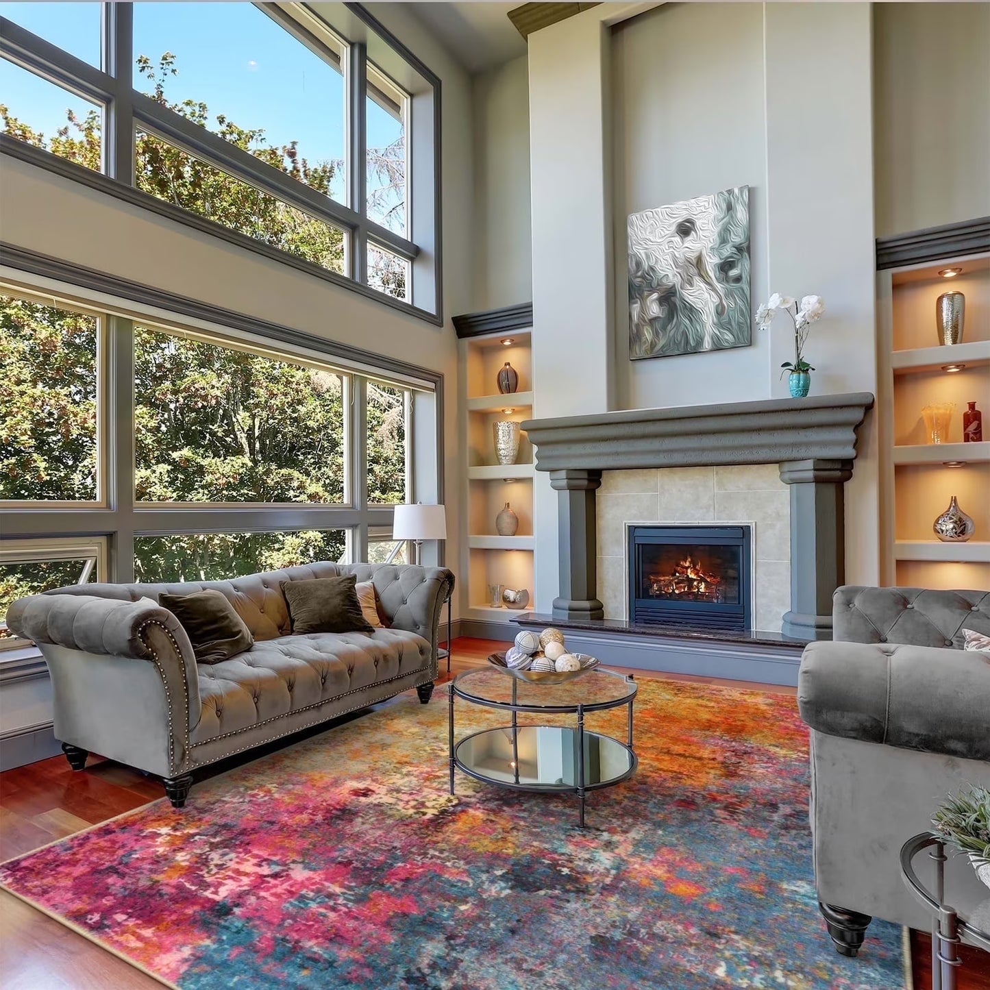 Moynesa Modern Abstract Round Rug,Gray Kitchen Rugs Soft Bedroom Circle Rugs Washable Living Room Mat, Contemporary Large Indoor Office Carpet for Mudroom Kitchen Apartment Basement