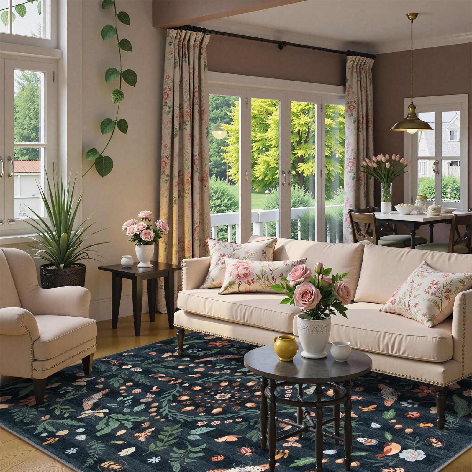 Lahome Decor Insect Botanical Washable Rugs for Bedroom, Soft Rug for Entryway, Kitchen Rugs Non Slip Washable, Boho Floral Indoor Throw Carpet for Bathroom Laundry Living Room Walmart Walmart 8' x 10' Black