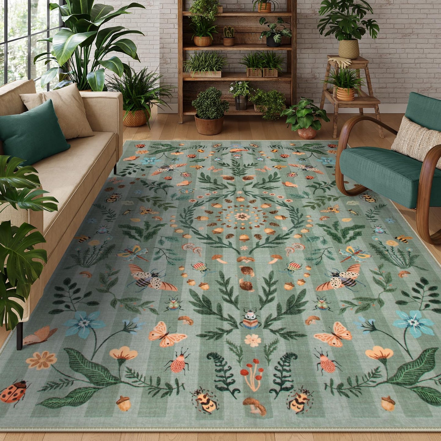 Lahome Decor Insect Botanical Washable Rugs for Bedroom, Soft Rug for Entryway, Kitchen Rugs Non Slip Washable, Boho Floral Indoor Throw Carpet for Bathroom Laundry Living Room Walmart Walmart 8' x 10' Green