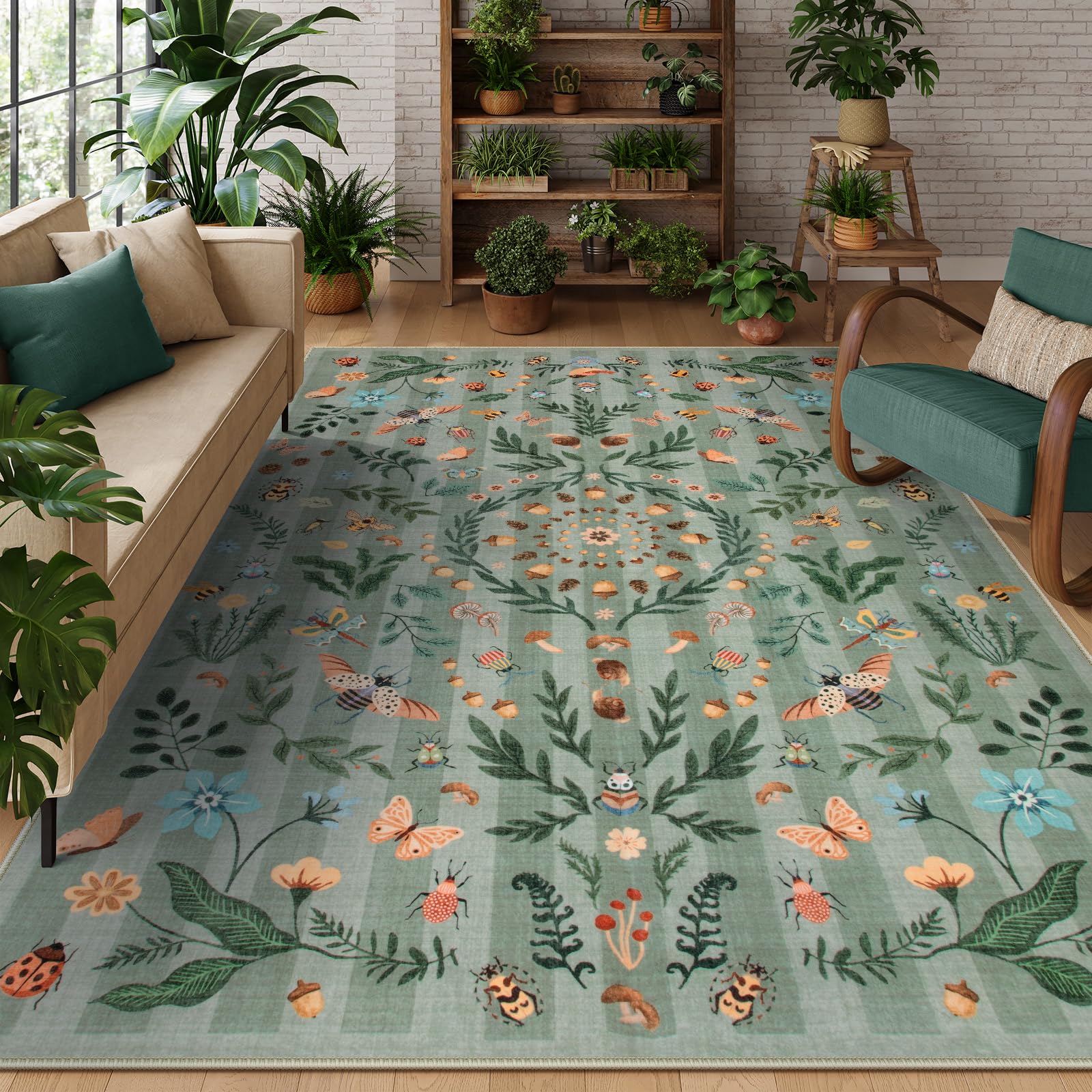 Lahome Decor Insect Botanical Washable Rugs for Bedroom, Soft Rug for Entryway, Kitchen Rugs Non Slip Washable, Boho Floral Indoor Throw Carpet for Bathroom Laundry Living Room Walmart Walmart 8' x 10' Green