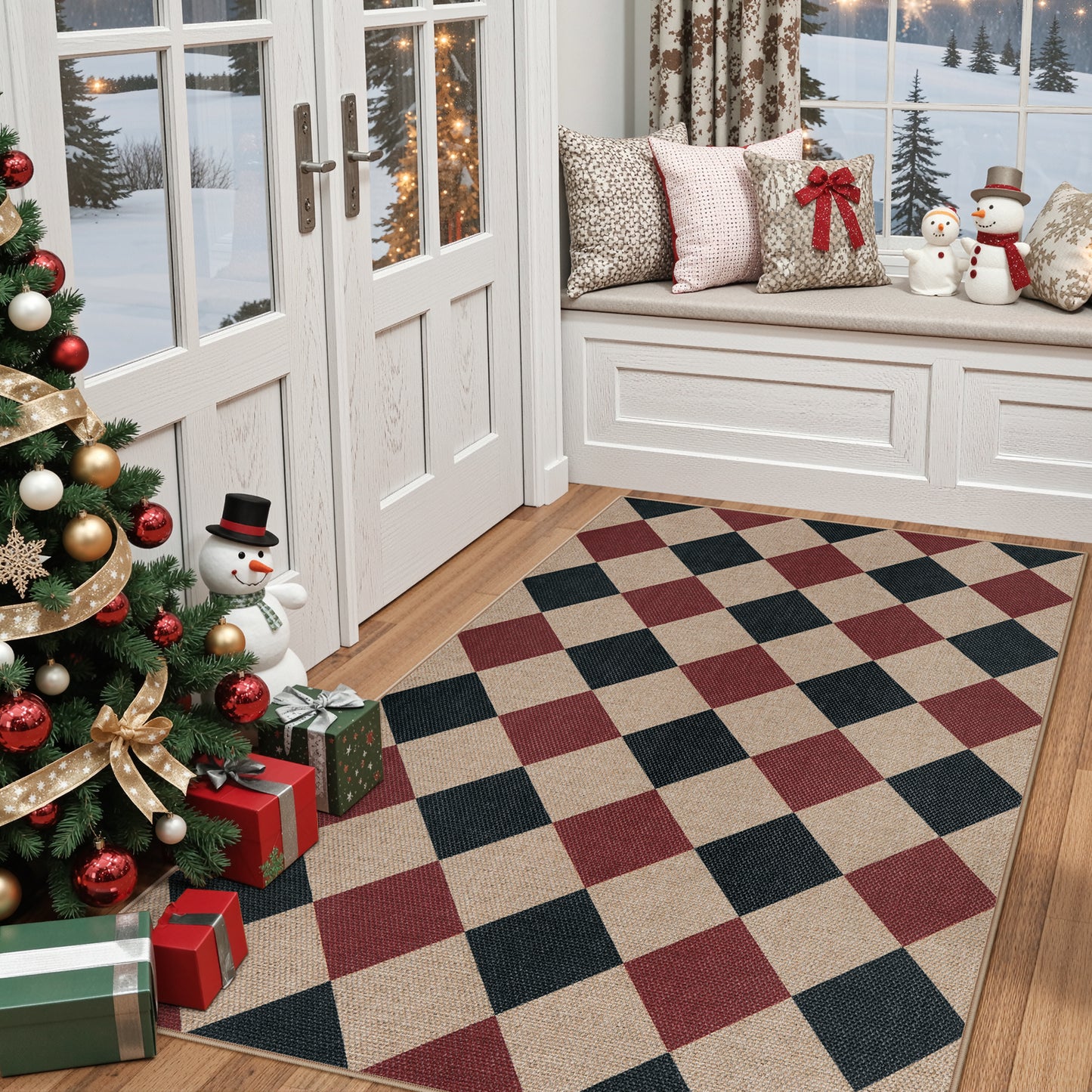 SUNDEREY Modern Geometric Area Rug, Washable Bedroom Rug,Checkerboard Indoor Outdoor Carpet, Farmhouse Checkered Non Slip Carpet for Office Couch Entrance Kitchen