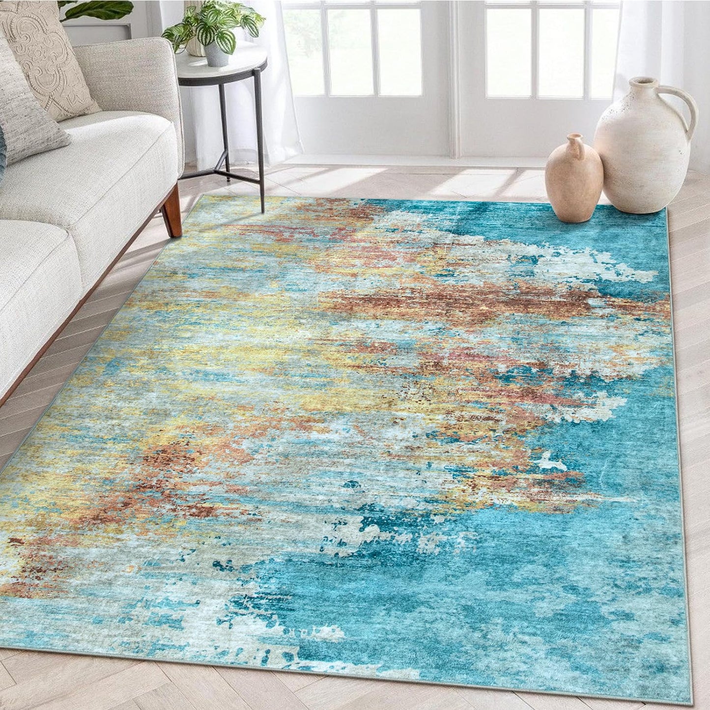 RUG ROBOT Abstract Living Room Rug, Soft Modern Washable Area Rugs for Bedroom Non Slip, Ultra Thin Foldable Low Pile Carpet for Dining Room Kitchen Bathroom Office