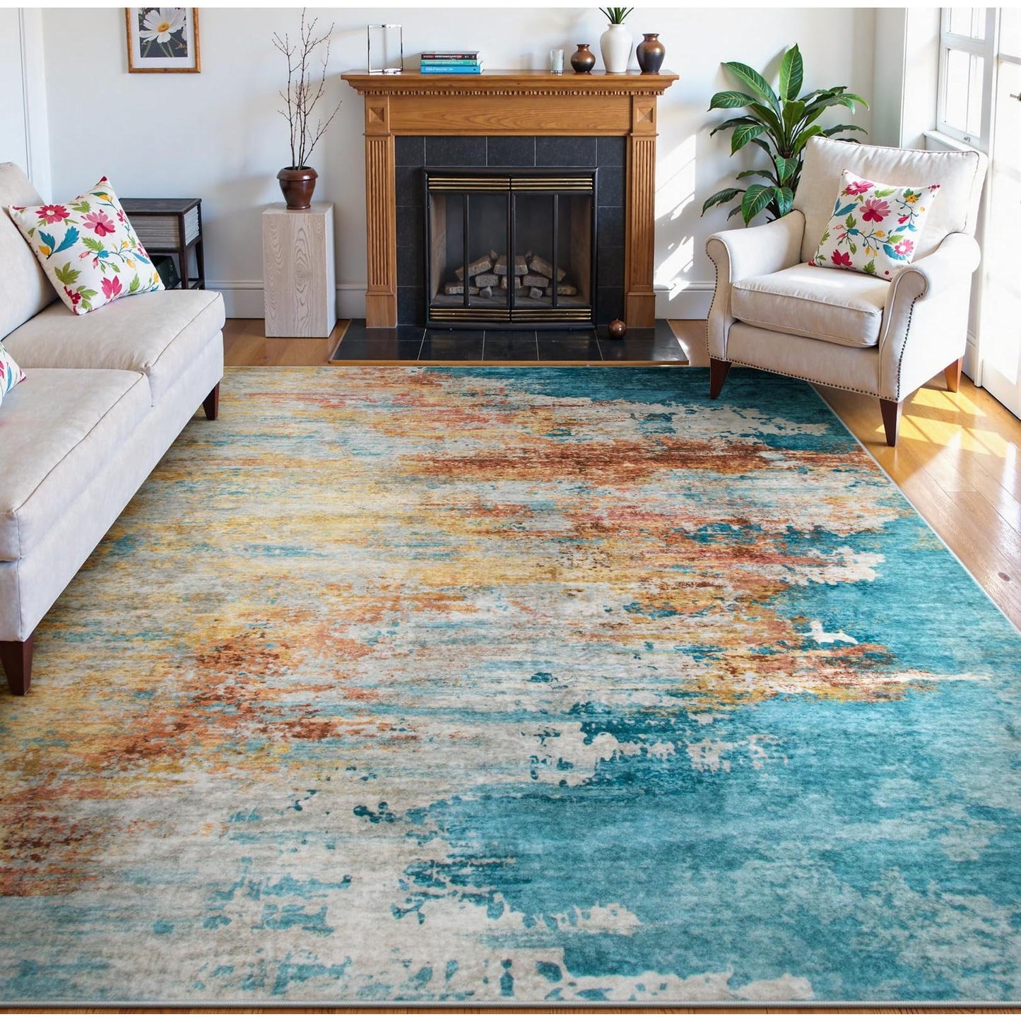 RUG ROBOT Abstract Living Room Rug, Soft Modern Washable Area Rugs for Bedroom Non Slip, Ultra Thin Foldable Low Pile Carpet for Dining Room Kitchen Bathroom Office