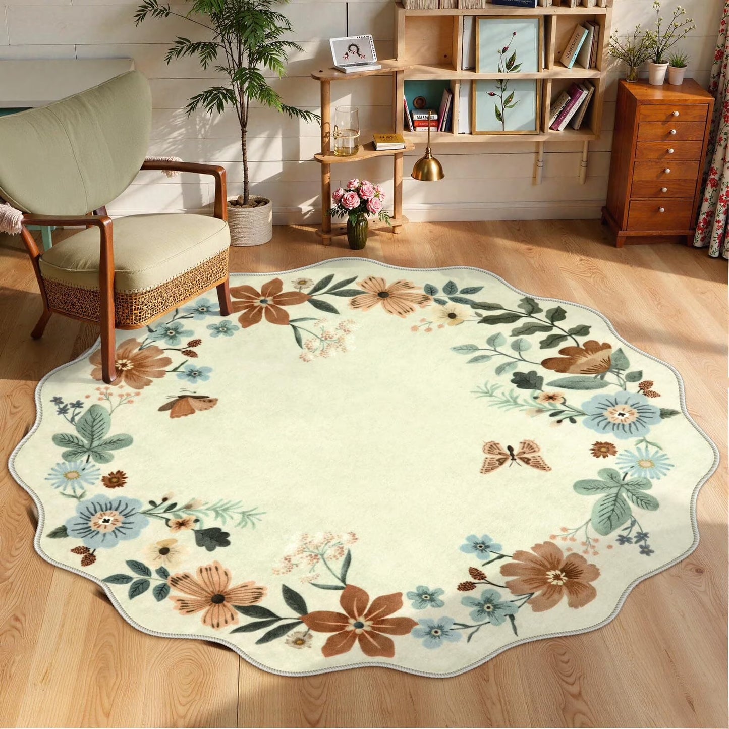Moynesa Floral Washable Area Rugs, Soft Bedroom Large Rug for Living Room Ultra-Thin Non Slip Dining Room Rug, Stain Resistant Boho Rugs Easy Clean Throw Carpet for Office